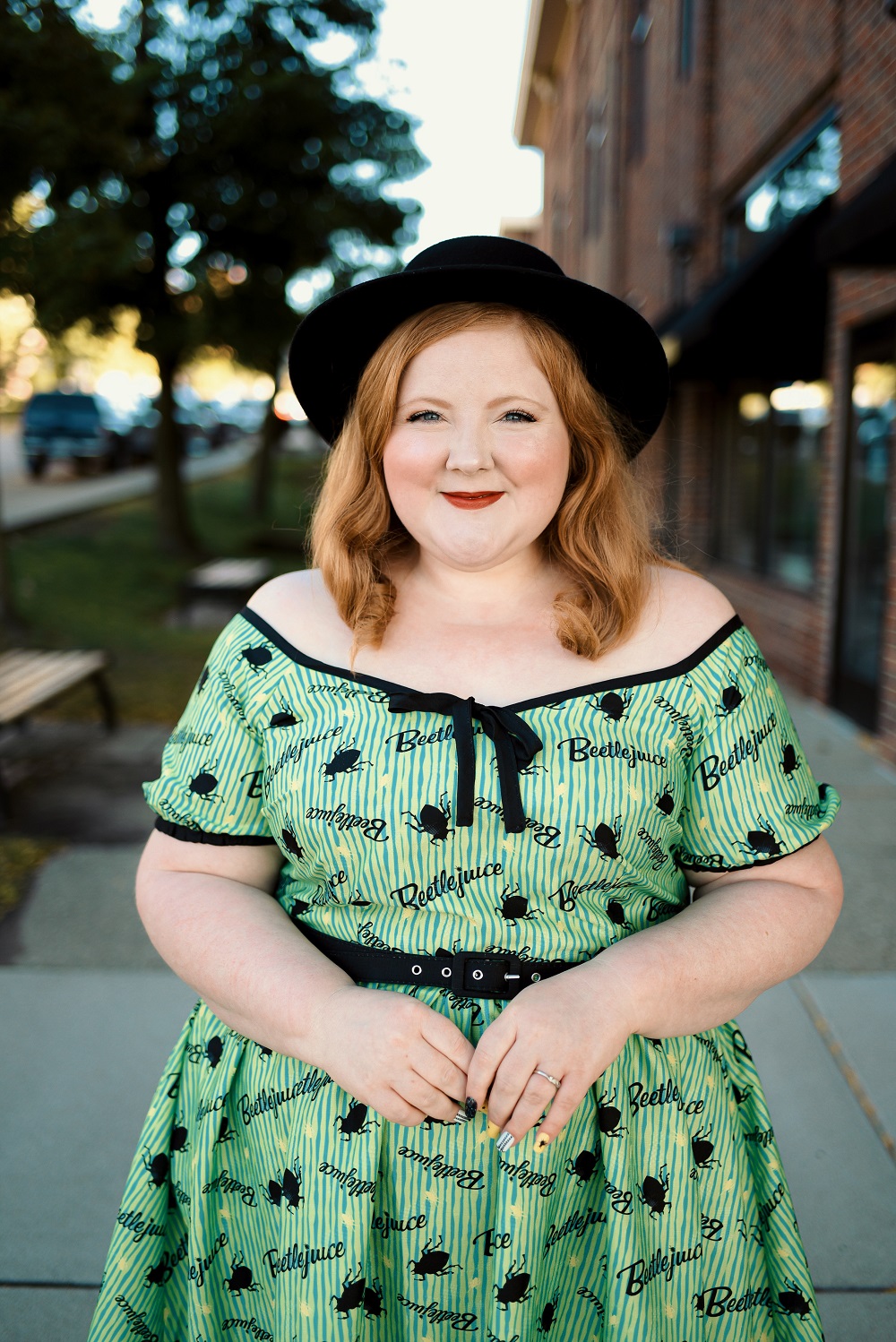 Shop the Unique Vintage Beetlejuice Collection in sizes 2-26 to put together a wild and wacky Halloween outfit with a retro twist! #uniquevintagexbeetlejuice #beetlejuiceoutfit #beetlejuicefashion #beetlejuicecostume #uniquevintage #halloweenfashion #halloweennails