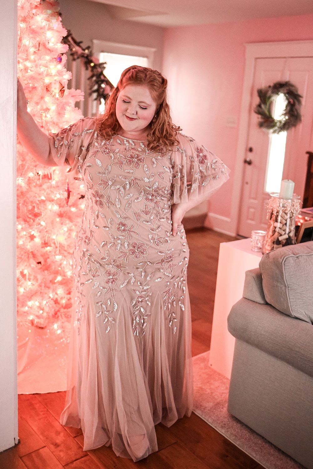 All Dressed Up With Nowhere to Go: a pink formal gown review and holiday style inspiration featuring the Adrianna Papell plus size collection. #adriannapapell #pinkformalgown #pinkholidaygown #pinkholidaydress #pinkchristmas #pinkchristmastree