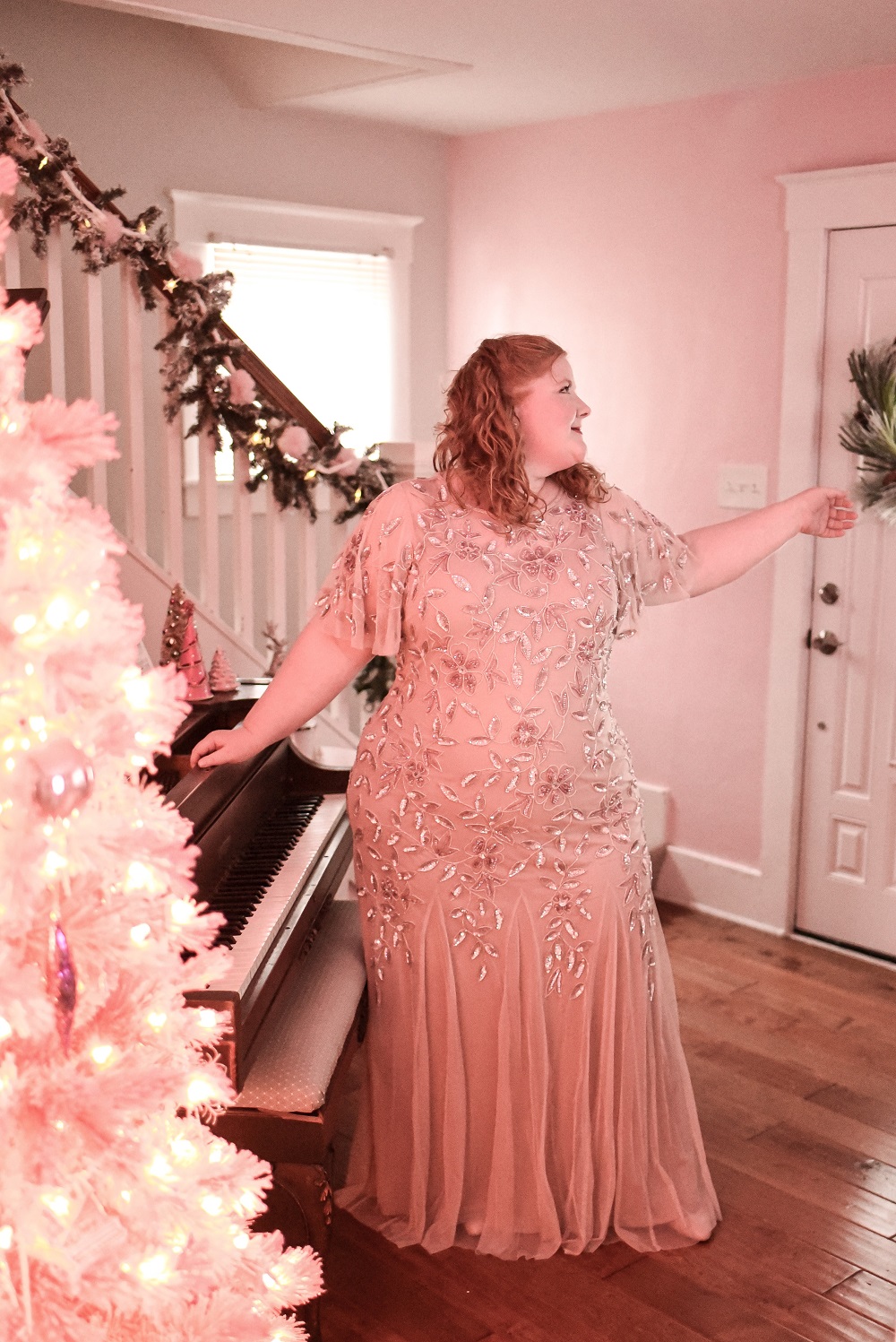 All Dressed Up With Nowhere to Go: a pink formal gown review and holiday style inspiration featuring the Adrianna Papell plus size collection. #adriannapapell #pinkformalgown #pinkholidaygown #pinkholidaydress #pinkchristmas #pinkchristmastree