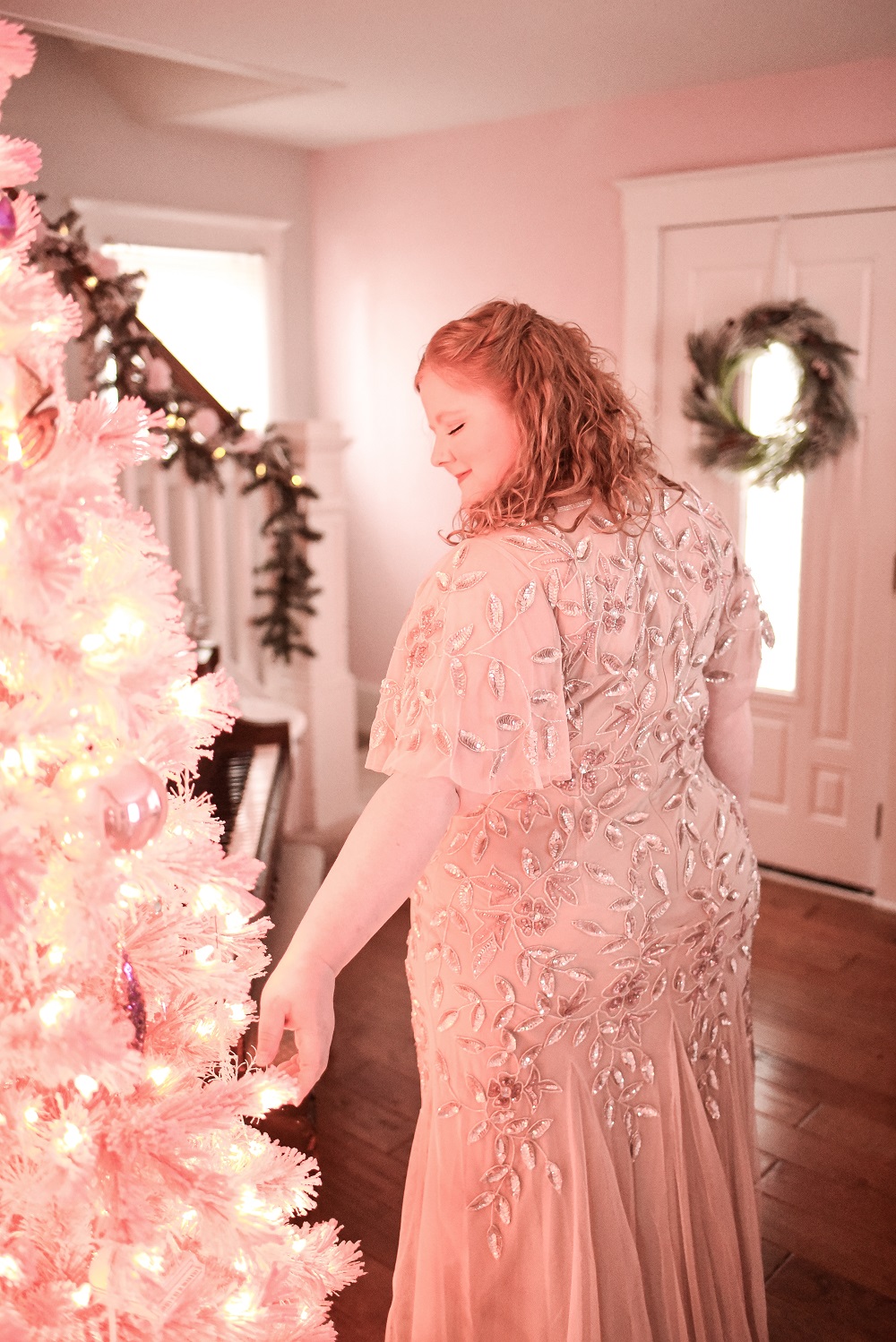 All Dressed Up With Nowhere to Go: a pink formal gown review and holiday style inspiration featuring the Adrianna Papell plus size collection. #adriannapapell #pinkformalgown #pinkholidaygown #pinkholidaydress #pinkchristmas #pinkchristmastree