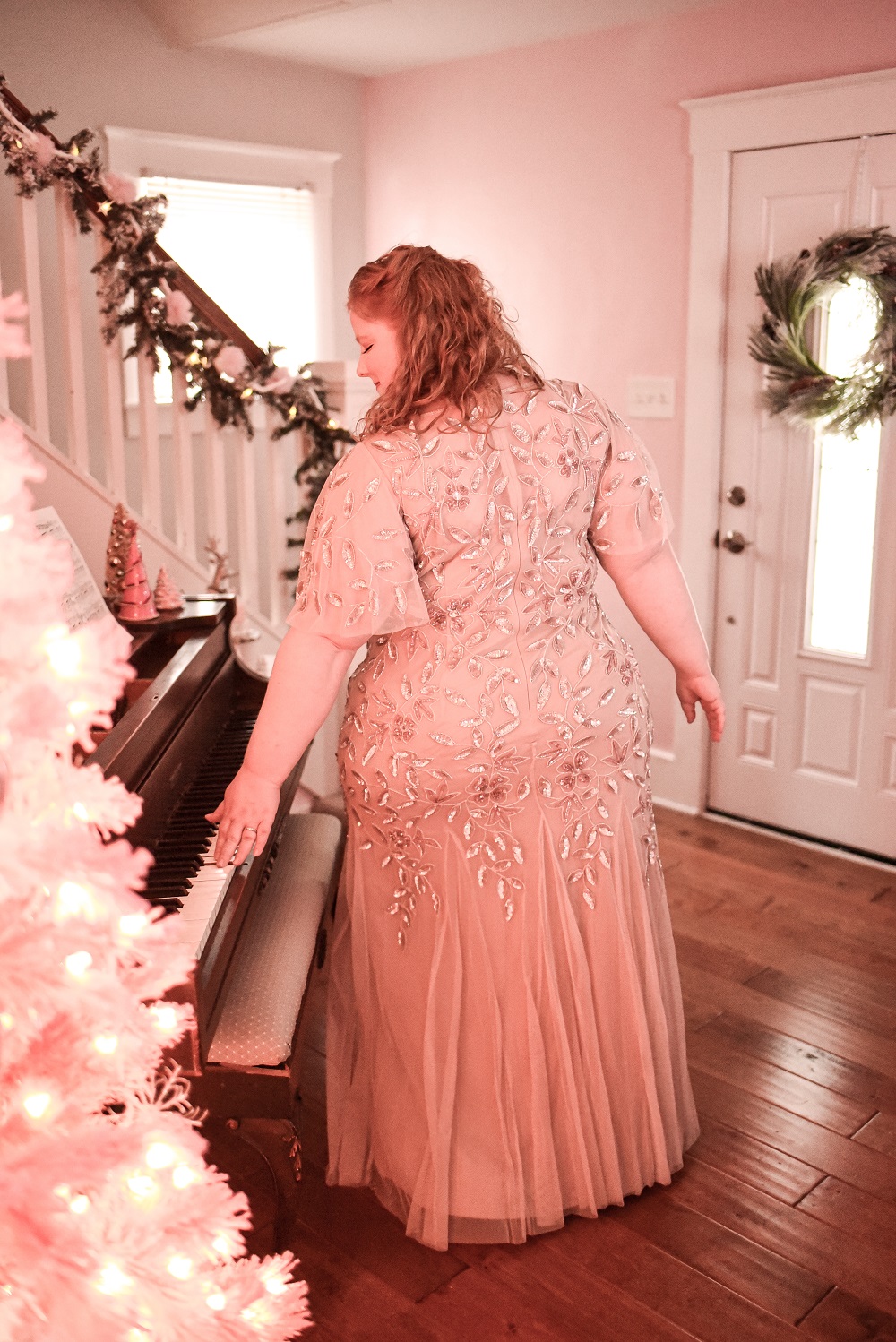 All Dressed Up With Nowhere to Go: a pink formal gown review and holiday style inspiration featuring the Adrianna Papell plus size collection. #adriannapapell #pinkformalgown #pinkholidaygown #pinkholidaydress #pinkchristmas #pinkchristmastree