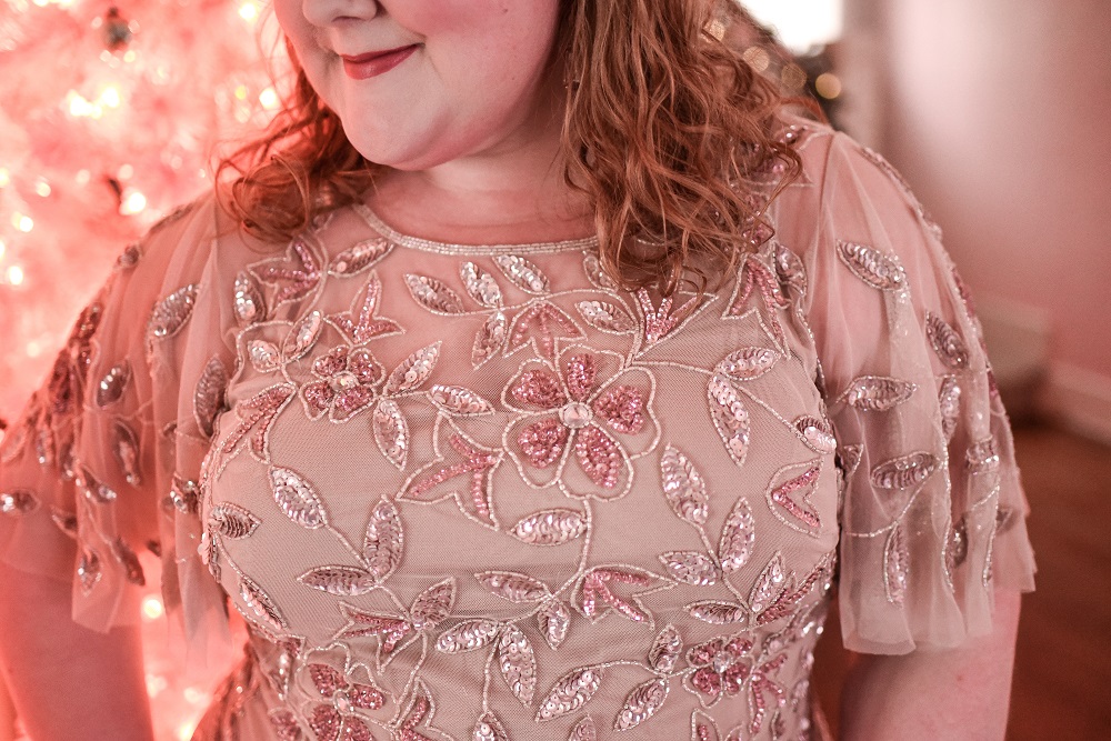 All Dressed Up With Nowhere to Go: a pink formal gown review and holiday style inspiration featuring the Adrianna Papell plus size collection. #adriannapapell #pinkformalgown #pinkholidaygown #pinkholidaydress #pinkchristmas #pinkchristmastree