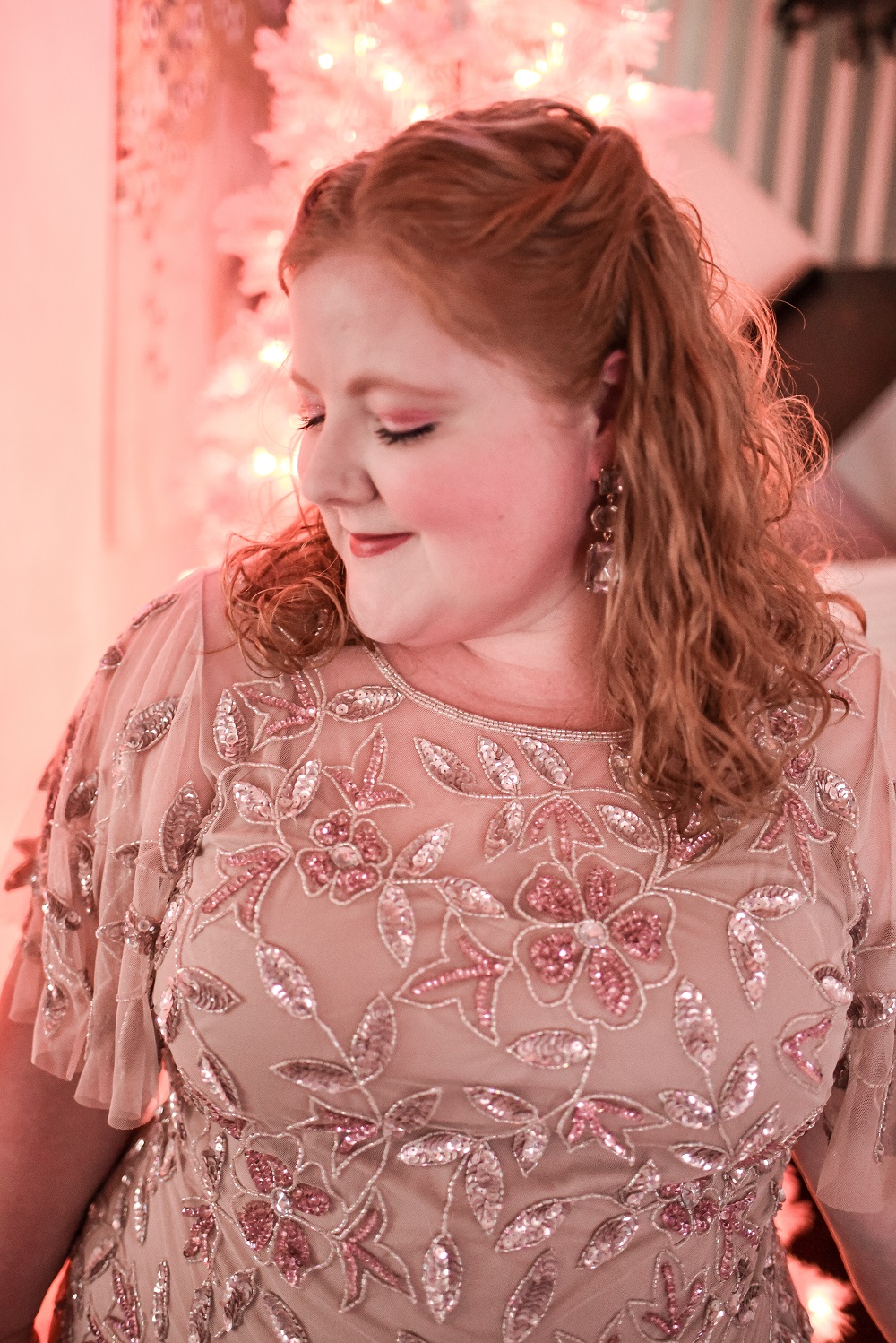 All Dressed Up With Nowhere to Go: a pink formal gown review and holiday style inspiration featuring the Adrianna Papell plus size collection. #adriannapapell #pinkformalgown #pinkholidaygown #pinkholidaydress #pinkchristmas #pinkchristmastree