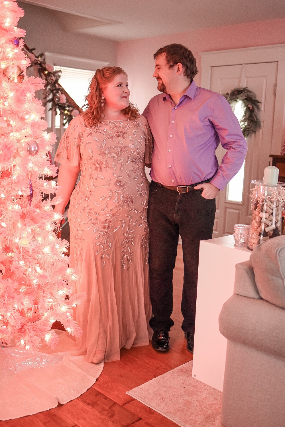 All Dressed Up With Nowhere to Go: a pink formal gown review and holiday style inspiration featuring the Adrianna Papell plus size collection. #adriannapapell #pinkformalgown #pinkholidaygown #pinkholidaydress #pinkchristmas #pinkchristmastree
