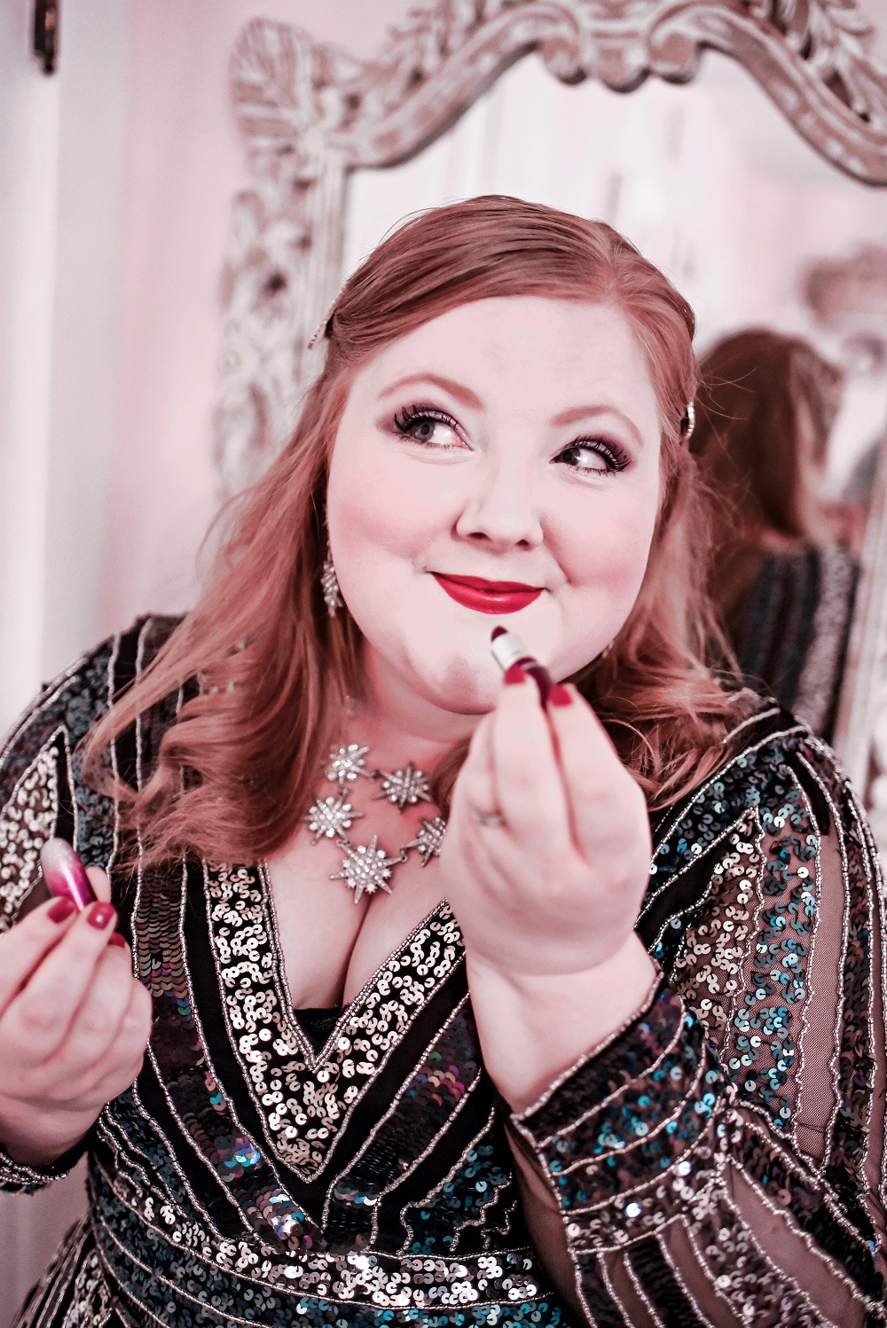 A New Year's Eve at Home: the perfect plus size New Year's Eve dress from Adrianna Papell with blue, black, and silver sequins on a sheath silhouette. #adriannapapell #nyedress #nyestyle #nyefashion #nyeoutfit #plussizepartydress