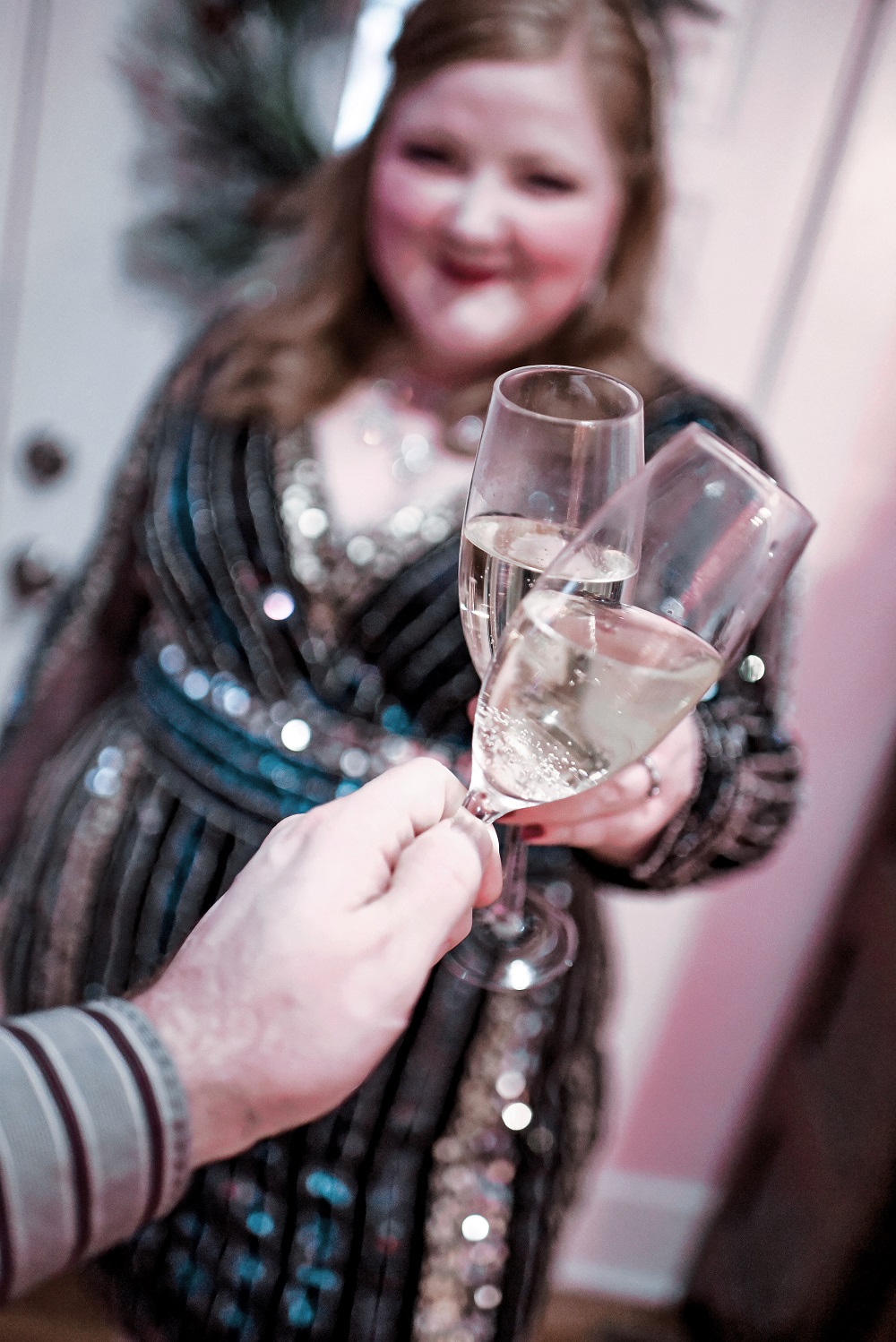 A New Year's Eve at Home: the perfect plus size New Year's Eve dress from Adrianna Papell with blue, black, and silver sequins on a sheath silhouette. #adriannapapell #nyedress #nyestyle #nyefashion #nyeoutfit #plussizepartydress