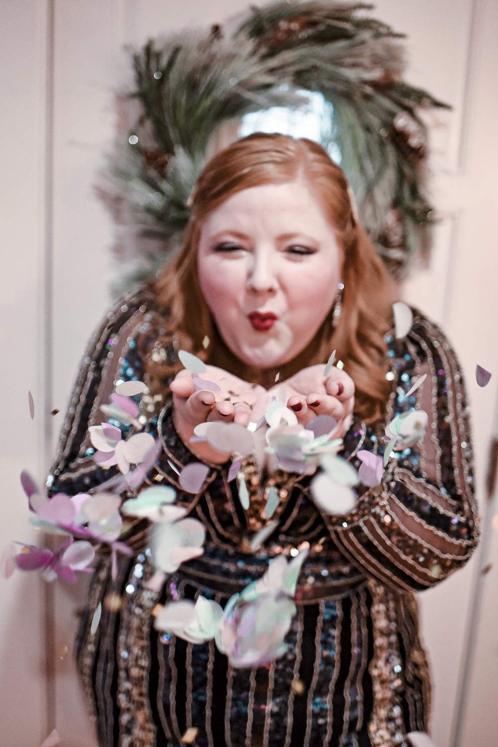 A New Year's Eve at Home: the perfect plus size New Year's Eve dress from Adrianna Papell with blue, black, and silver sequins on a sheath silhouette. #adriannapapell #nyedress #nyestyle #nyefashion #nyeoutfit #plussizepartydress