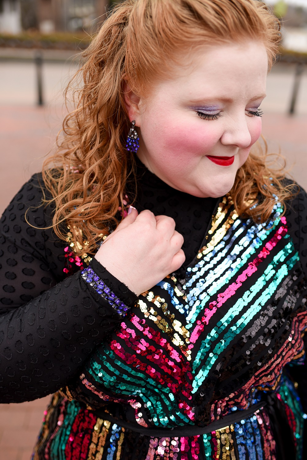 How to Layer Your Party Dress: a plus size holiday outfit featuring a colorful sequin dress from Lane Bryant styled with a long sleeved tee and tights. #lanebryant #createyourlane #shareyourbright #plussizeholidayoutfit #plussizepartydress