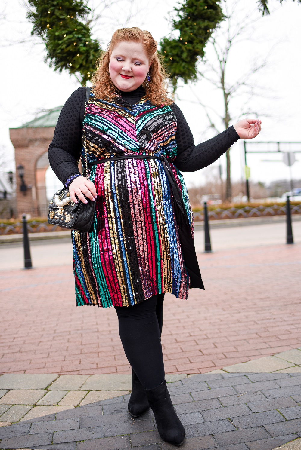 How to Layer Your Party Dress: a plus size holiday outfit featuring a colorful sequin dress from Lane Bryant styled with a long sleeved tee and tights. #lanebryant #createyourlane #shareyourbright #plussizeholidayoutfit #plussizepartydress