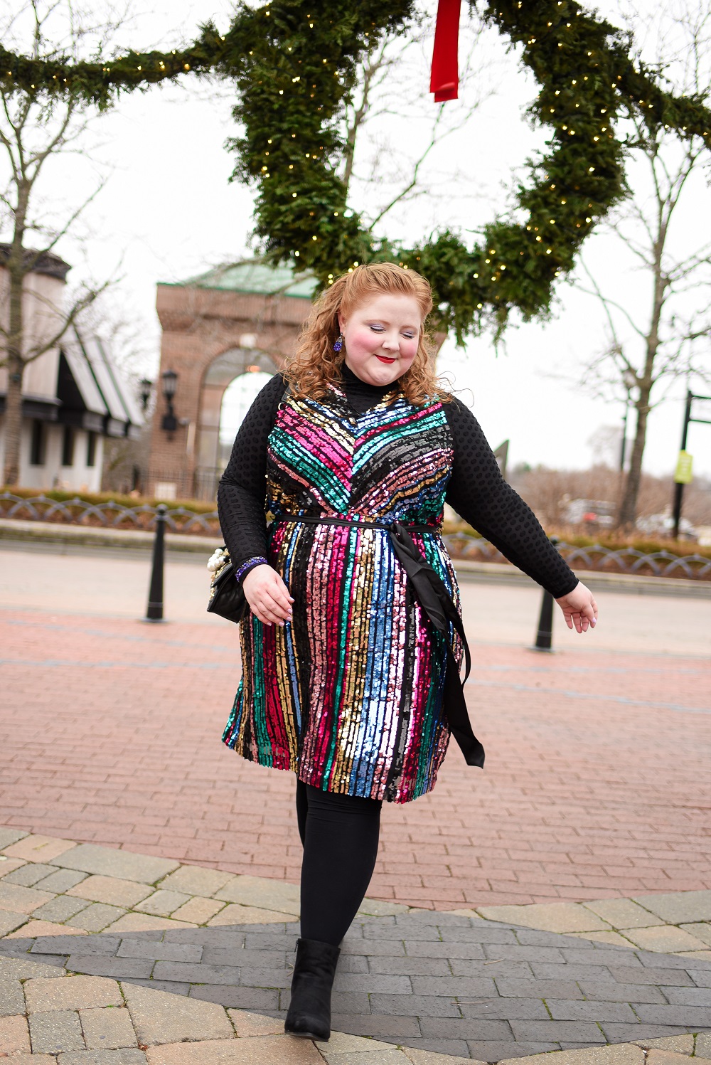 How to Layer Your Party Dress: a plus size holiday outfit featuring a colorful sequin dress from Lane Bryant styled with a long sleeved tee and tights. #lanebryant #createyourlane #shareyourbright #plussizeholidayoutfit #plussizepartydress