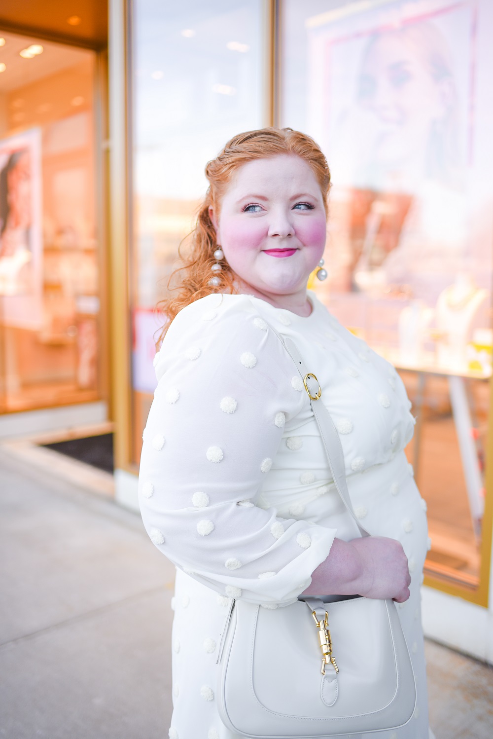 White Plus Size Winter Outfit: a monochrome winter look featuring plus size styles from ELOQUII and Gucci's Jackie Bag in white leather. #eloquii #xoq #guccijackiebag #jackie1961 #guccijacket #winteroutfit #whiteoutfit #whitewinteroutfit