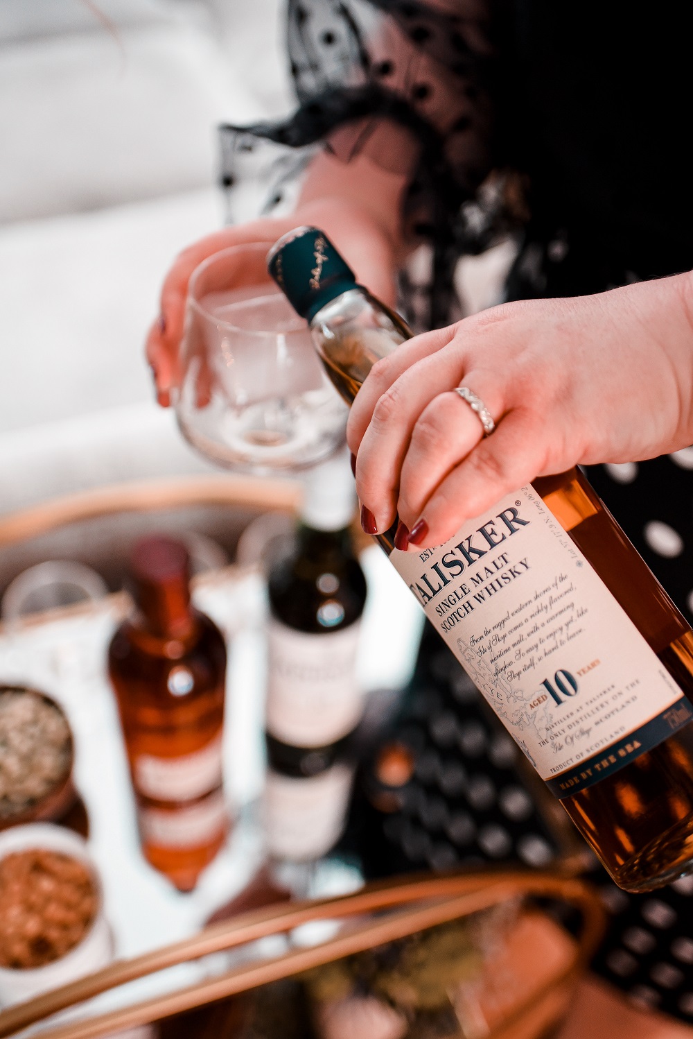 A Scotch Whisky Tasting at Home: with reviews of Laphraoig Islay scotch whisky, Talisker scotch whisky, and Aberlour scotch whisky. #whisky #scotchwhisky #whiskytasting #scotchtasting #greenlinegoods #laphroaigreview #taliskerreview #aberlourreview