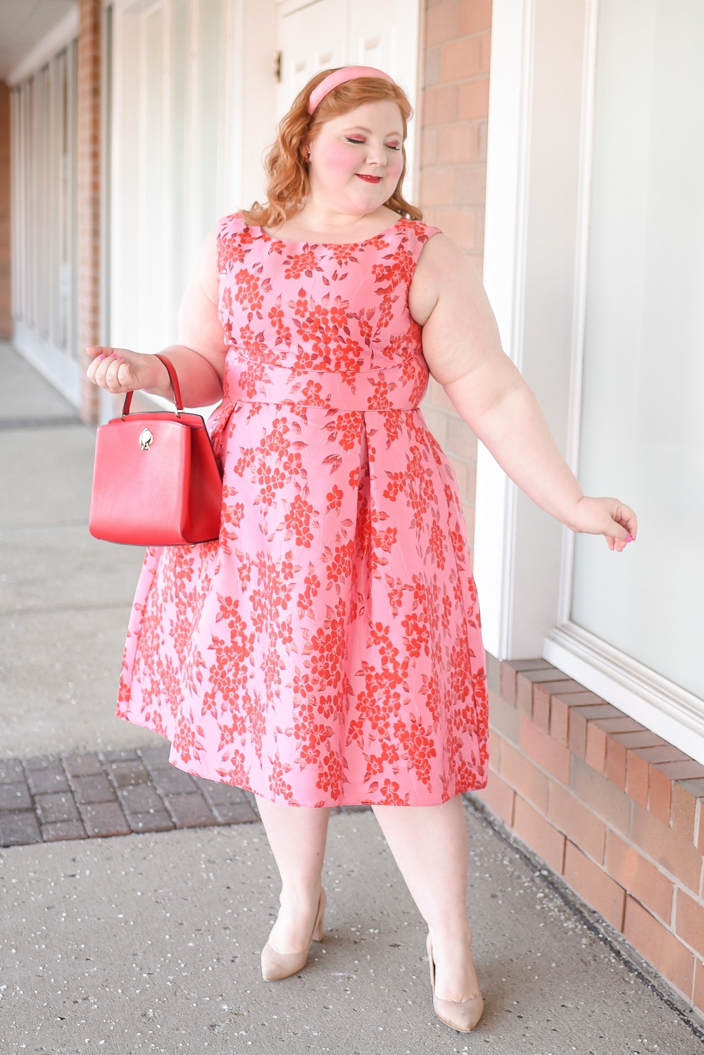 Adrianna Papell Plus Size Dresses for Valentine's Day | A review of the Floral Jacquard Midi Dress in Fuchsia Red in the size 20 missy.