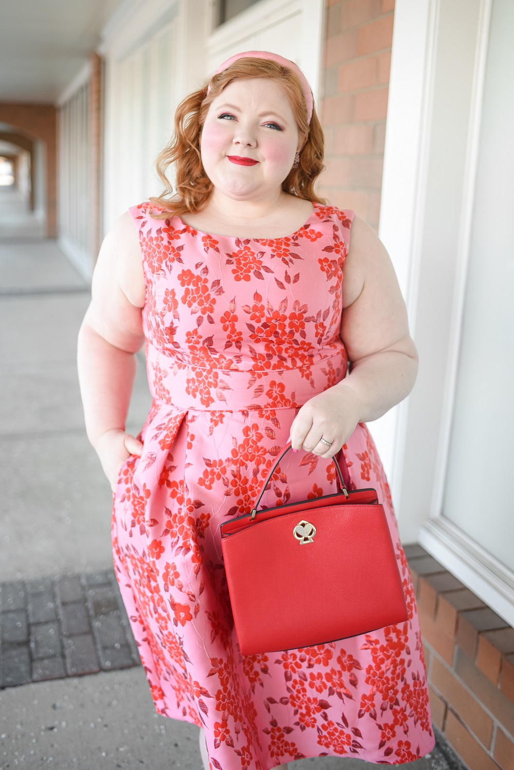Adrianna Papell Plus Size Dresses for Valentine's Day | A review of the Floral Jacquard Midi Dress in Fuchsia Red in the size 20 missy.