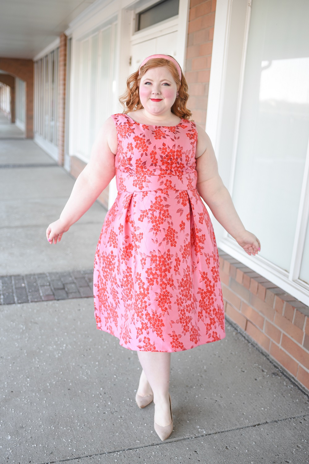 Adrianna Papell Plus Size Dresses for Valentine's Day | A review of the Floral Jacquard Midi Dress in Fuchsia Red in the size 20 missy.