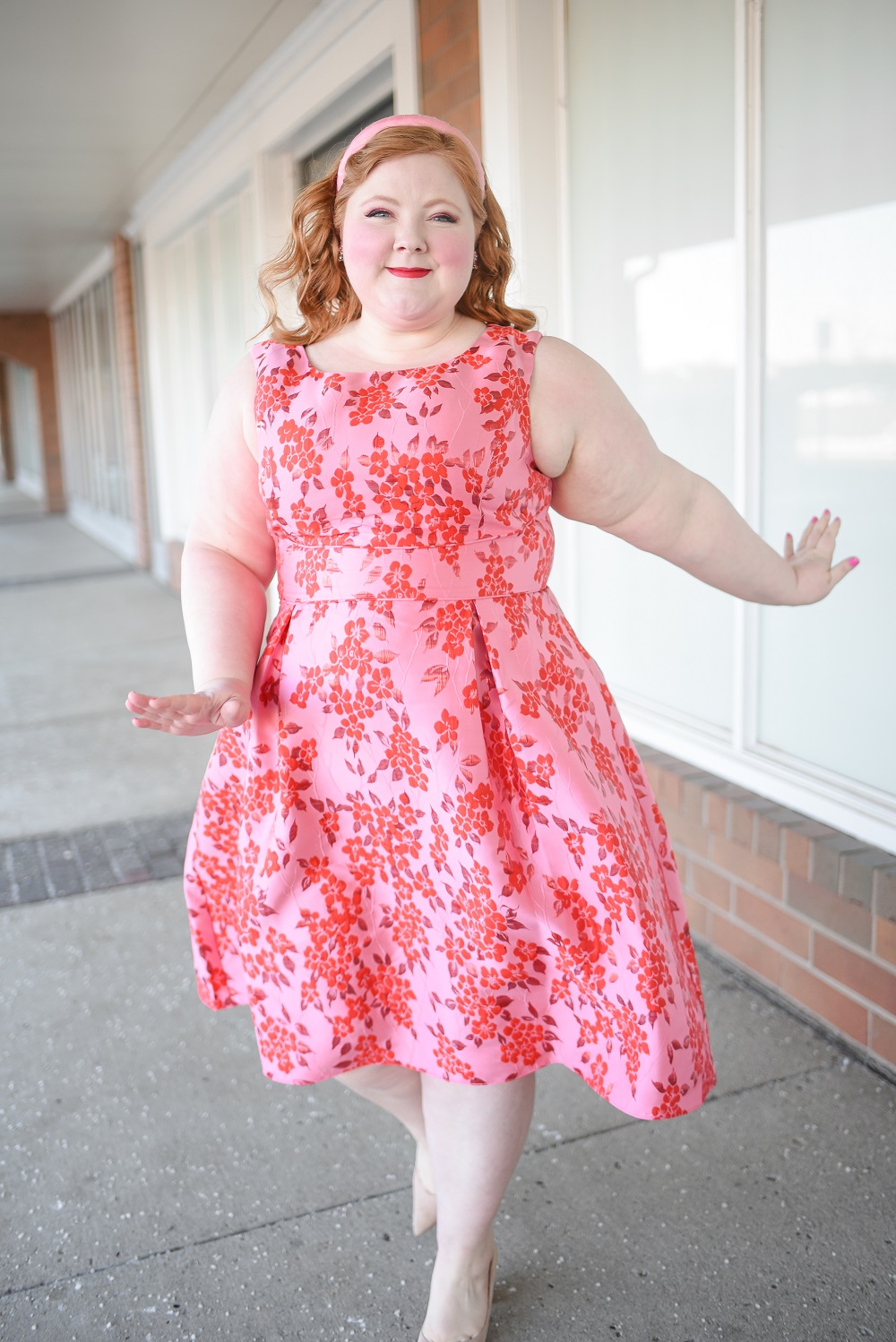 Adrianna Papell Plus Size Dresses for Valentine's Day | A review of the Floral Jacquard Midi Dress in Fuchsia Red in the size 20 missy.
