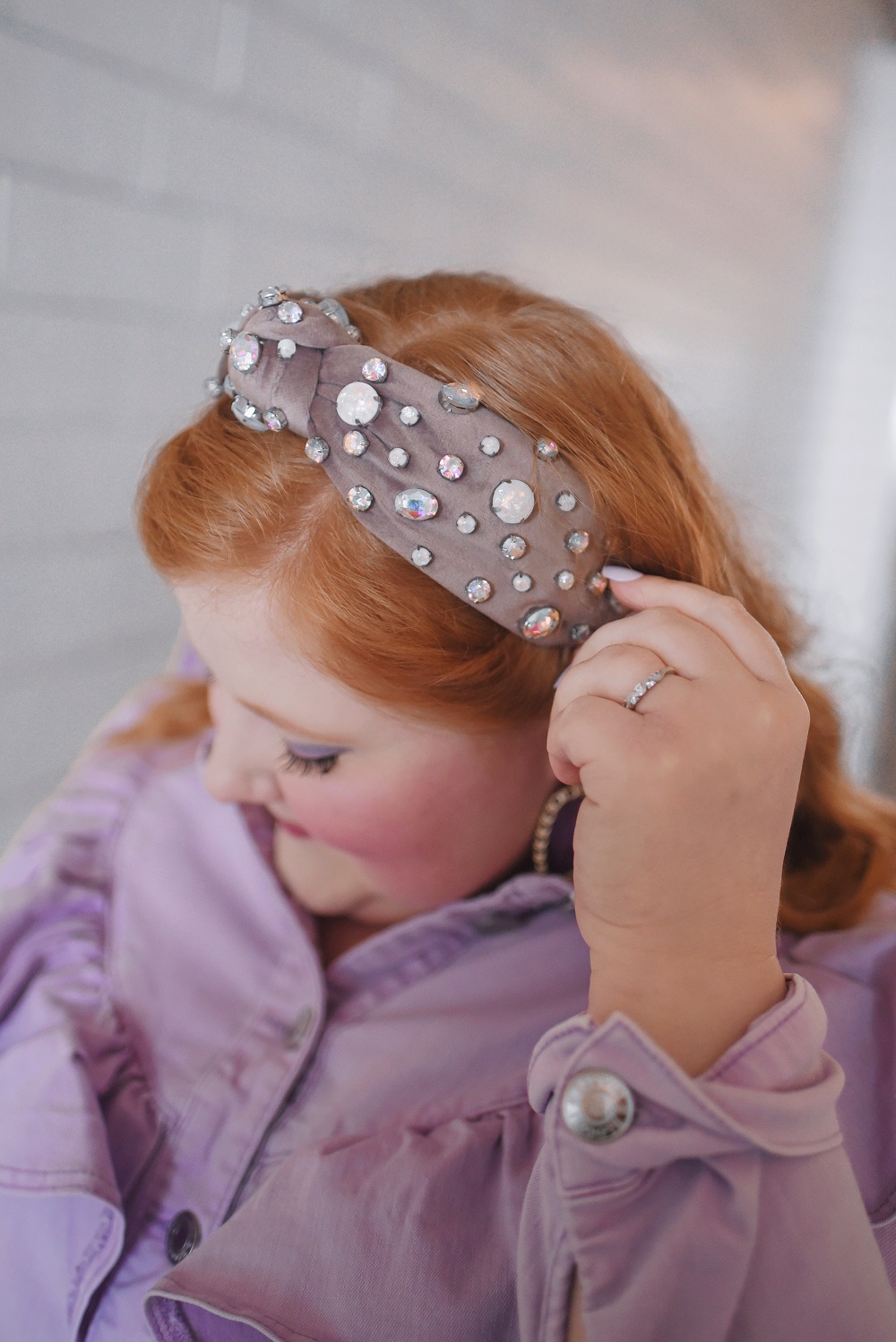 A Monochrome Purple Outfit: a plus size look featuring a lavender denim dress from ELOQUII, Lele Sadoughi opal headband, and Kate Spade bag. #monochromepurpleoutfit #purpleoutfit #tonaloutfit #tonaldressing #monochromeoutfit #lelesadoughiheadband #opalheadband #eloquiioutfit