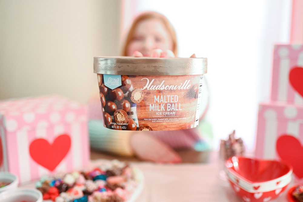 Valentine's Day Waffle Sundaes with Hudsonville Malted Milk Ball Ice Cream. A creative and colorful ice cream sundae bar for Valentine's! #valentinesday #valentinesdayrecipe #valentinesdaydessert #icecreamsundae #sundaebar #hudsonvilleicecream