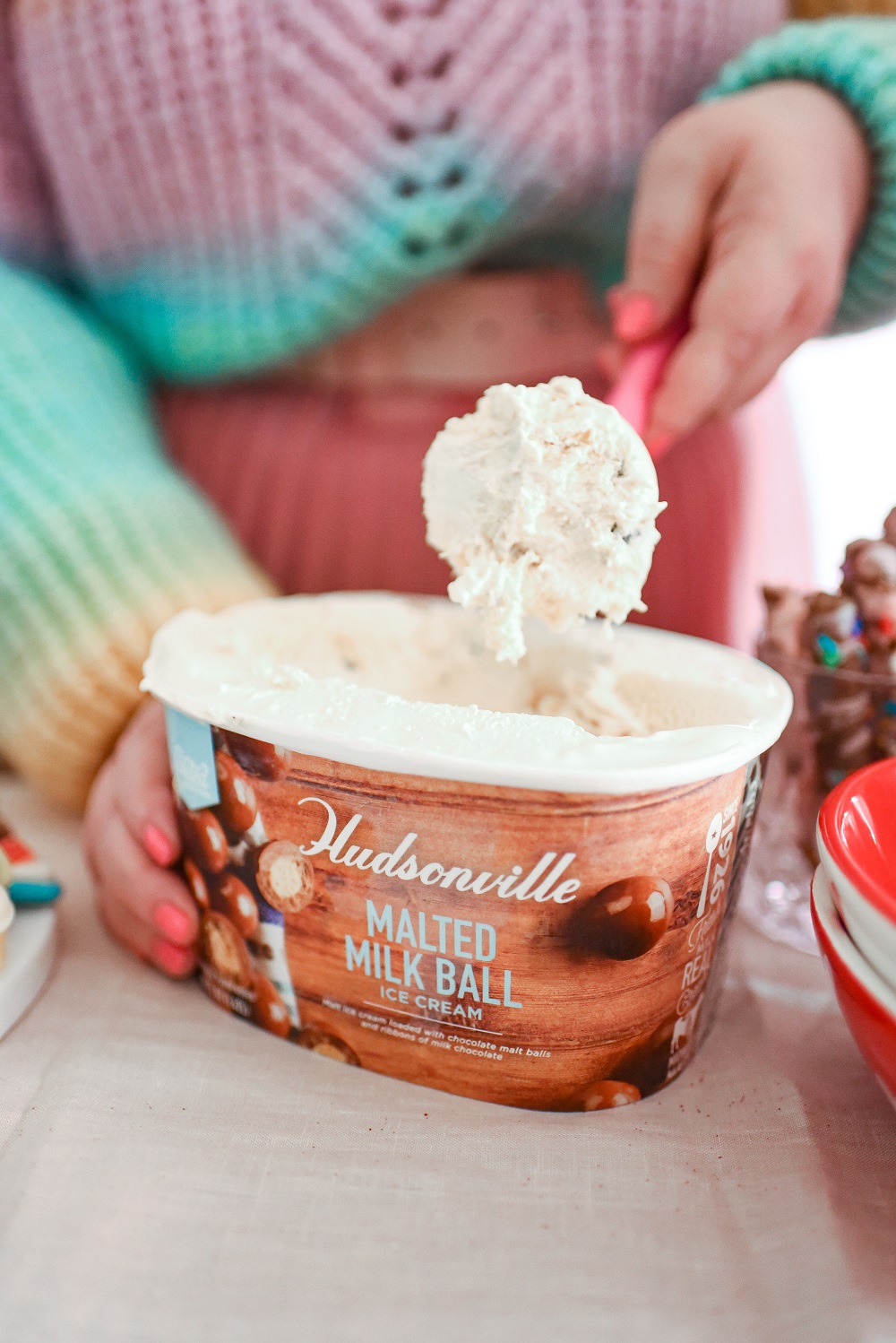 Valentine's Day Waffle Sundaes with Hudsonville Malted Milk Ball Ice Cream. A creative and colorful ice cream sundae bar for Valentine's! #valentinesday #valentinesdayrecipe #valentinesdaydessert #icecreamsundae #sundaebar #hudsonvilleicecream