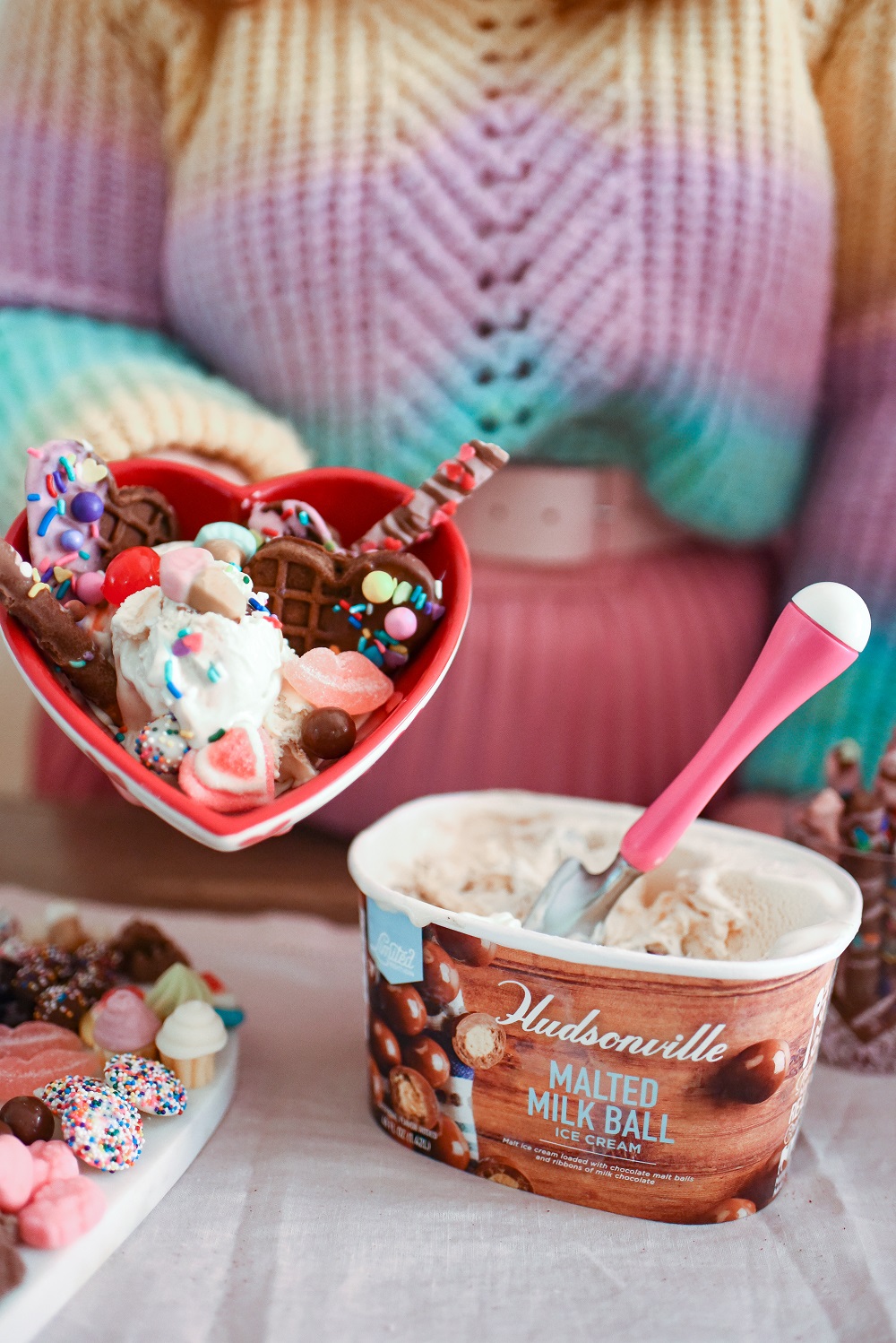 Valentine's Day Waffle Sundaes with Hudsonville Malted Milk Ball Ice Cream. A creative and colorful ice cream sundae bar for Valentine's! #valentinesday #valentinesdayrecipe #valentinesdaydessert #icecreamsundae #sundaebar #hudsonvilleicecream