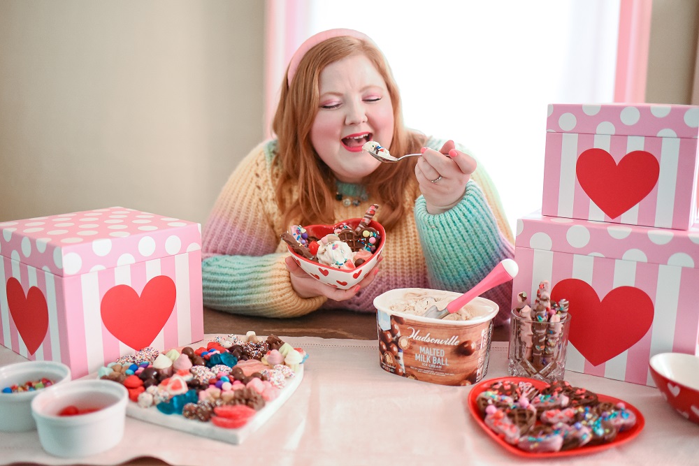 Valentine's Day Waffle Sundaes with Hudsonville Malted Milk Ball Ice Cream. A creative and colorful ice cream sundae bar for Valentine's! #valentinesday #valentinesdayrecipe #valentinesdaydessert #icecreamsundae #sundaebar #hudsonvilleicecream