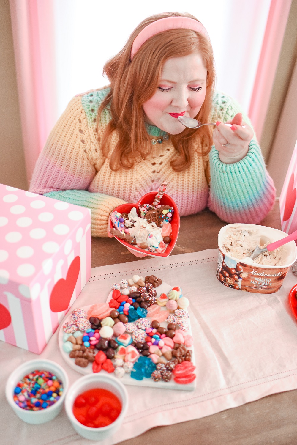 Valentine's Day Waffle Sundaes with Hudsonville Malted Milk Ball Ice Cream. A creative and colorful ice cream sundae bar for Valentine's! #valentinesday #valentinesdayrecipe #valentinesdaydessert #icecreamsundae #sundaebar #hudsonvilleicecream