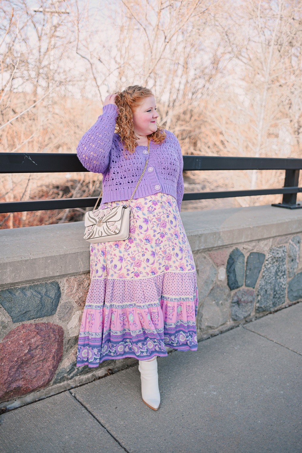 Styling a Trendy Cropped Sweater Set for Spring: ELOQUII sweaters, Tory Burch bag, and a Spell and the Gypsy Collective maxi skirt. #sweaterset #croppedcardigan #croppedsweater #croppedsweater #plussizefashion #plussizeoutfit