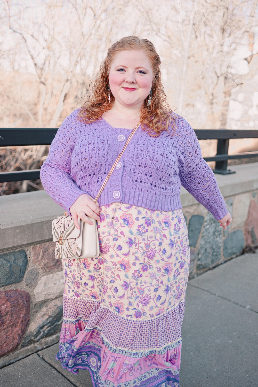 Styling a Trendy Cropped Sweater Set for Spring: ELOQUII sweaters, Tory Burch bag, and a Spell and the Gypsy Collective maxi skirt. #sweaterset #croppedcardigan #croppedsweater #croppedsweater #plussizefashion #plussizeoutfit