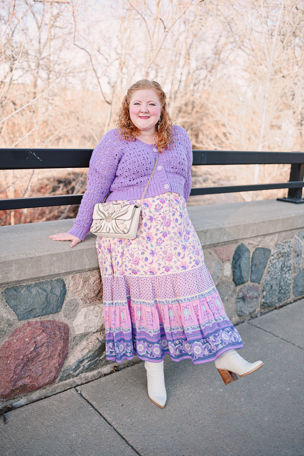 Styling a Trendy Cropped Sweater Set for Spring: ELOQUII sweaters, Tory Burch bag, and a Spell and the Gypsy Collective maxi skirt. #sweaterset #croppedcardigan #croppedsweater #croppedsweater #plussizefashion #plussizeoutfit