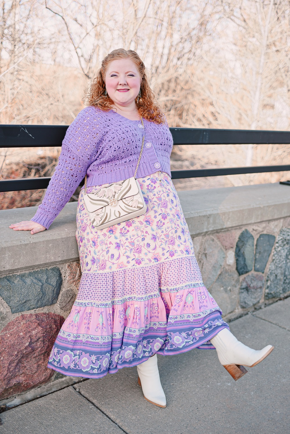 Styling a Trendy Cropped Sweater Set for Spring: ELOQUII sweaters, Tory Burch bag, and a Spell and the Gypsy Collective maxi skirt. #sweaterset #croppedcardigan #croppedsweater #croppedsweater #plussizefashion #plussizeoutfit