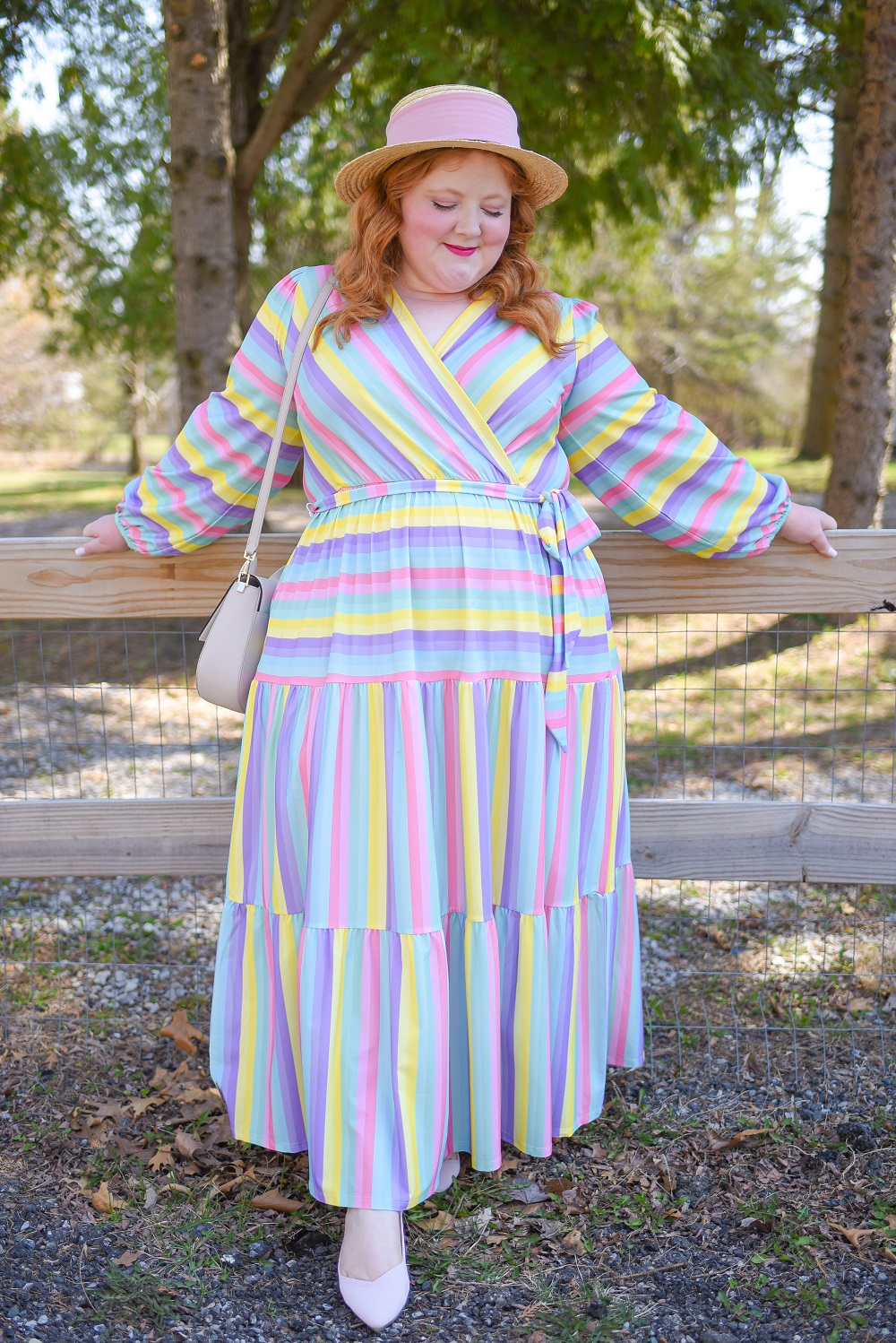 Spring Pastels: a spring pastel plus size outfit featuring an ELOQUII dress, Kate Spade bunny bag, and pink Rothy's flats. #springpastels #springoutfit #springfashion #springstyle #xoq #pasteloutfit 