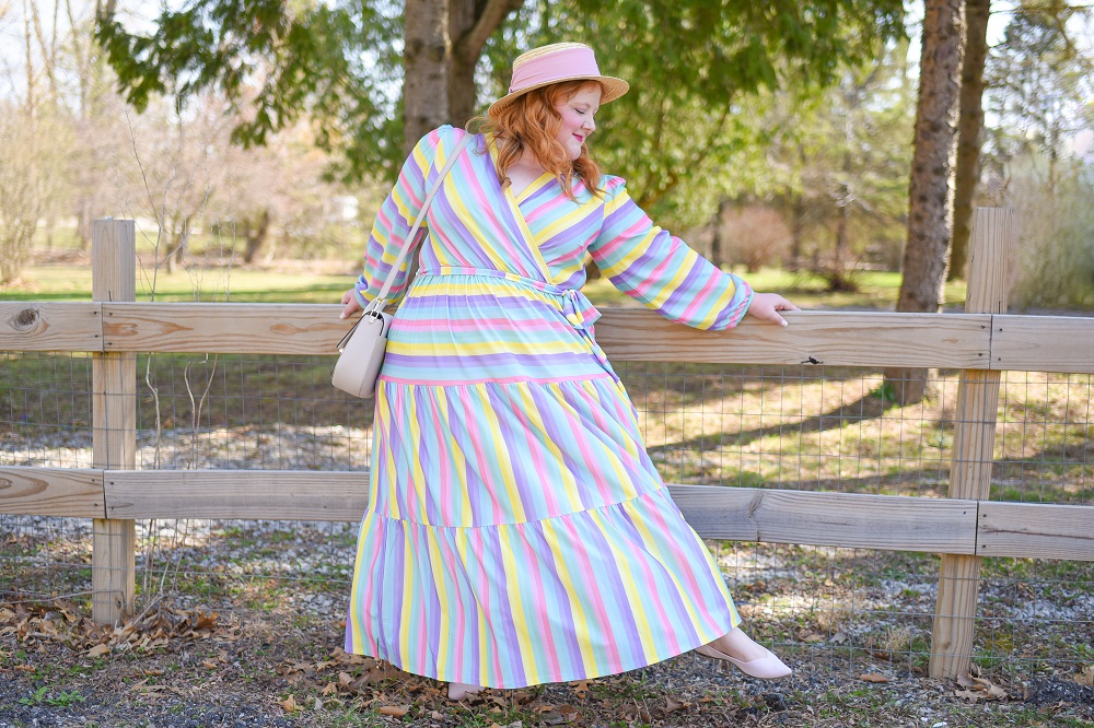 Spring Pastels: a spring pastel plus size outfit featuring an ELOQUII dress, Kate Spade bunny bag, and pink Rothy's flats. #springpastels #springoutfit #springfashion #springstyle #xoq #pasteloutfit 