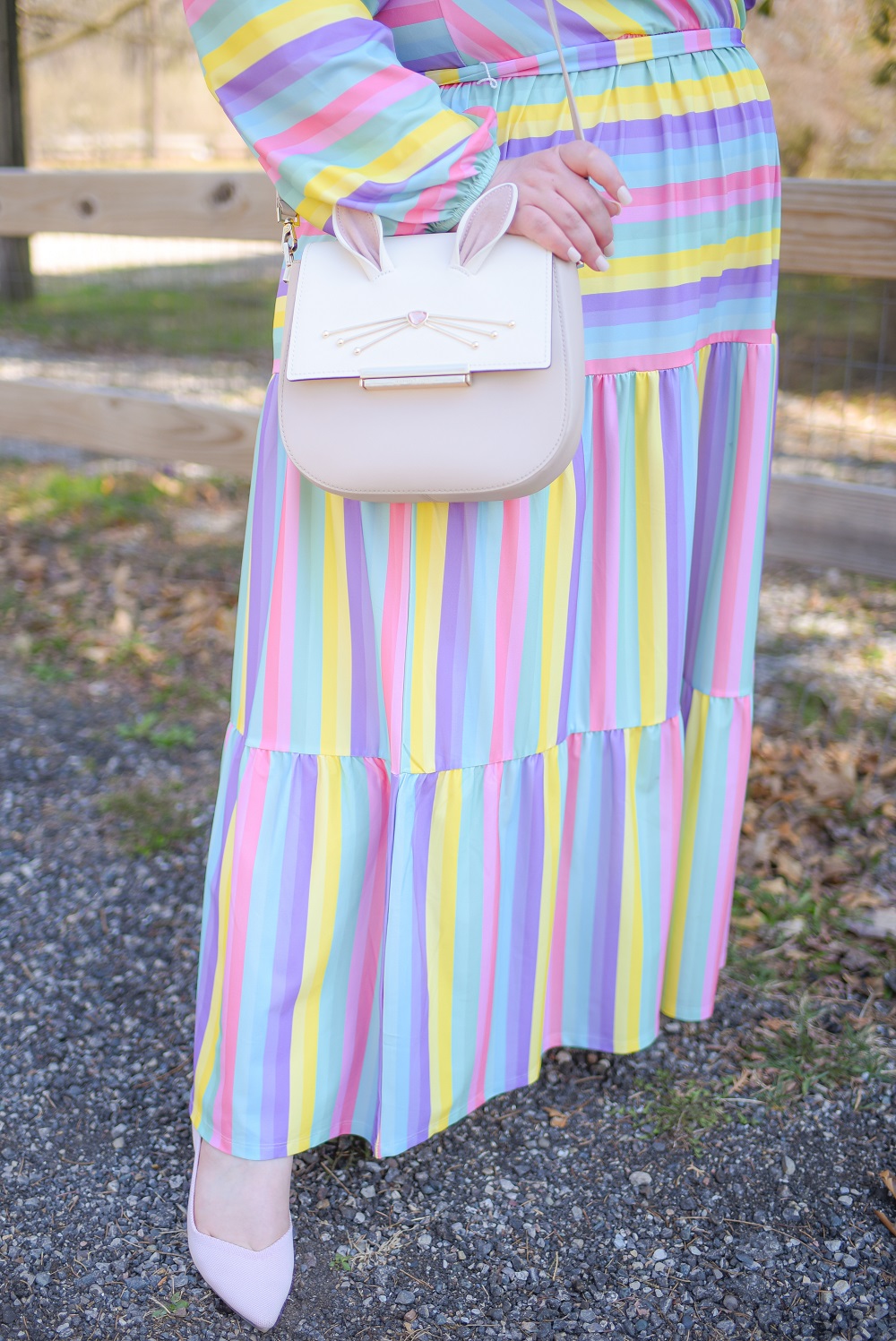 Spring Pastels: a spring pastel plus size outfit featuring an ELOQUII dress, Kate Spade bunny bag, and pink Rothy's flats. #springpastels #springoutfit #springfashion #springstyle #xoq #pasteloutfit 