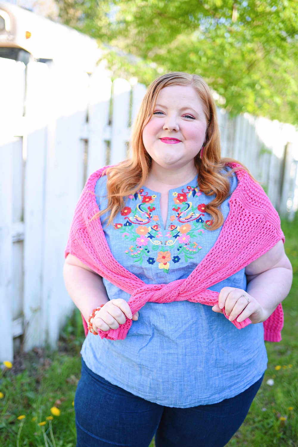 Transitional Summer Style with Talbots: shop missy, plus and petite summer fashions like colorful embroidered tops and chambray shirtdresses. #talbots #talbotsofficial #plussizefashion #plussizestyle #plussizeblogger