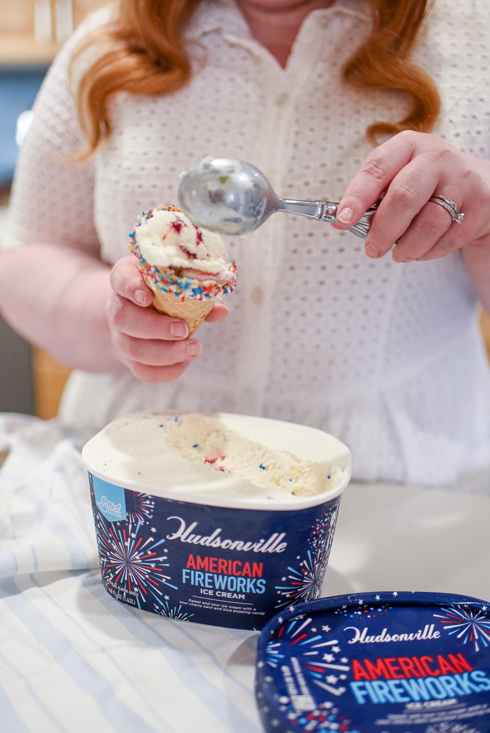 Red White and Blue Desserts for Summertime featuring Hudsonville Ice Cream's American Fireworks and Blueberry Graham Delight. #hudsonvilleicecream #redwhiteandbluedessert #redwhiteandbluerecipe #fourthofjulyrecipe #fourthofjulydessert #hudsonvilleamericanfireworks #hudsonvilleblueberrygrahamdelight