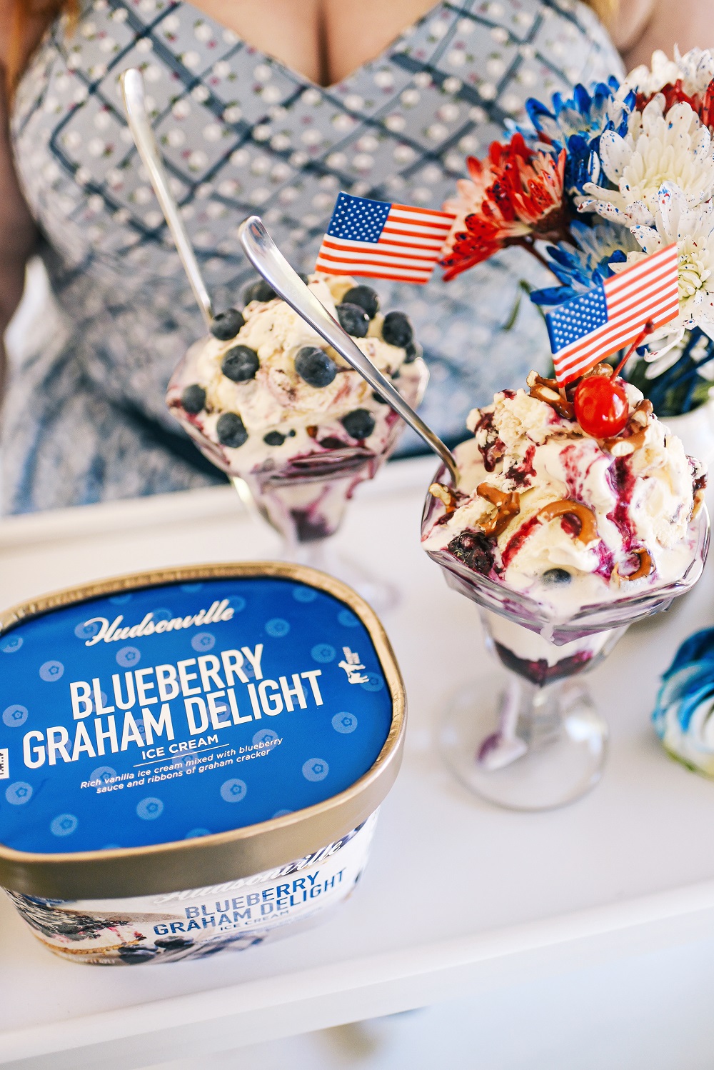 Red White and Blue Desserts for Summertime featuring Hudsonville Ice Cream's American Fireworks and Blueberry Graham Delight. #hudsonvilleicecream #redwhiteandbluedessert #redwhiteandbluerecipe #fourthofjulyrecipe #fourthofjulydessert #hudsonvilleamericanfireworks #hudsonvilleblueberrygrahamdelight