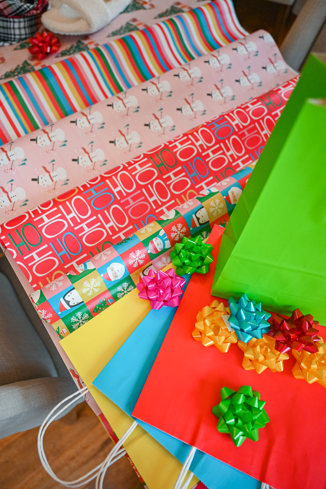 My Colorful Holiday Gift Wrap: Whoville-inspired wrapping paper, gift bags, tissue paper, gift bows and curling ribbon.