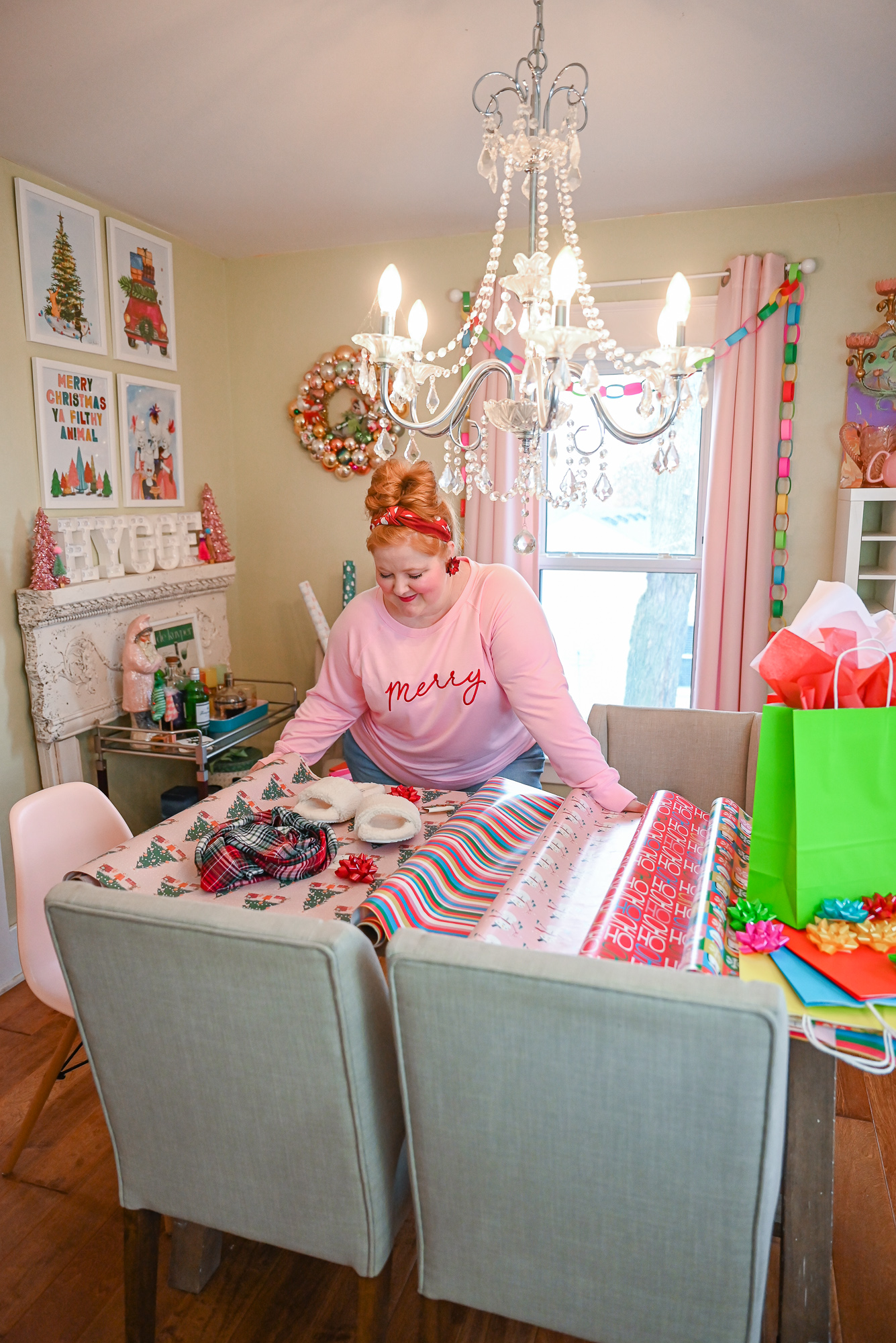 My Colorful Holiday Gift Wrap: Whoville-inspired wrapping paper, gift bags, tissue paper, gift bows and curling ribbon.