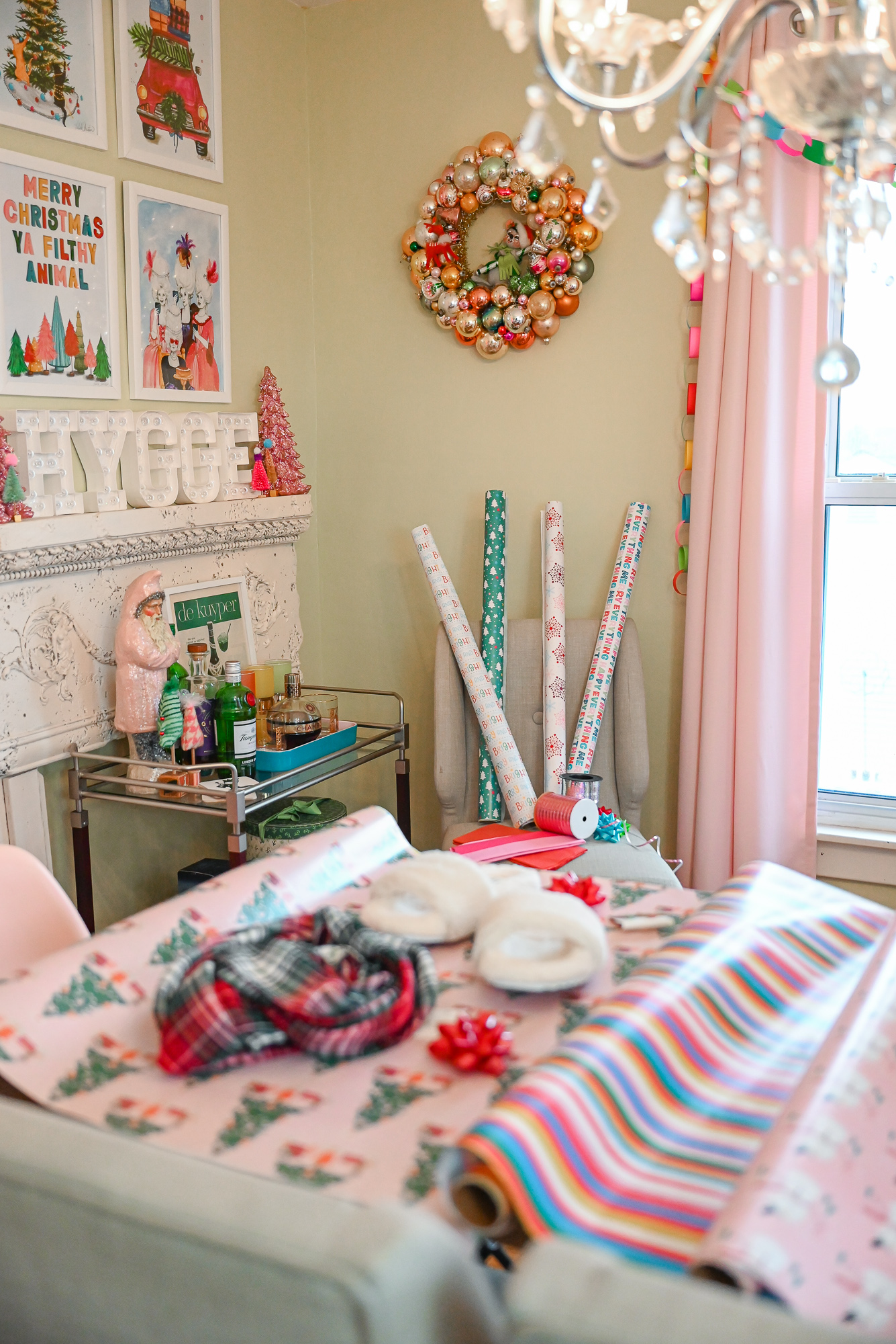 My Colorful Holiday Gift Wrap: Whoville-inspired wrapping paper, gift bags, tissue paper, gift bows and curling ribbon.