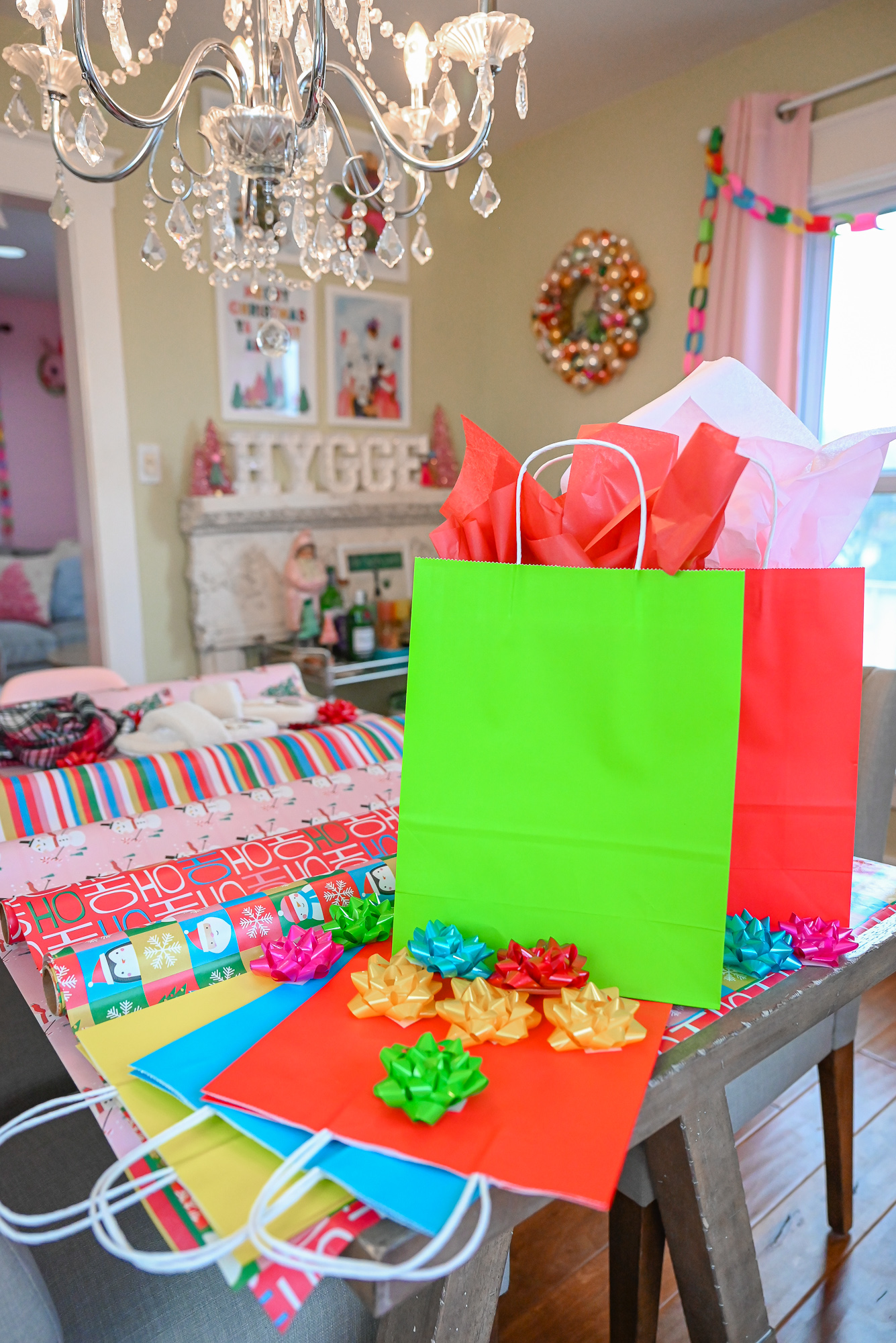 My Colorful Holiday Gift Wrap: Whoville-inspired wrapping paper, gift bags, tissue paper, gift bows and curling ribbon.