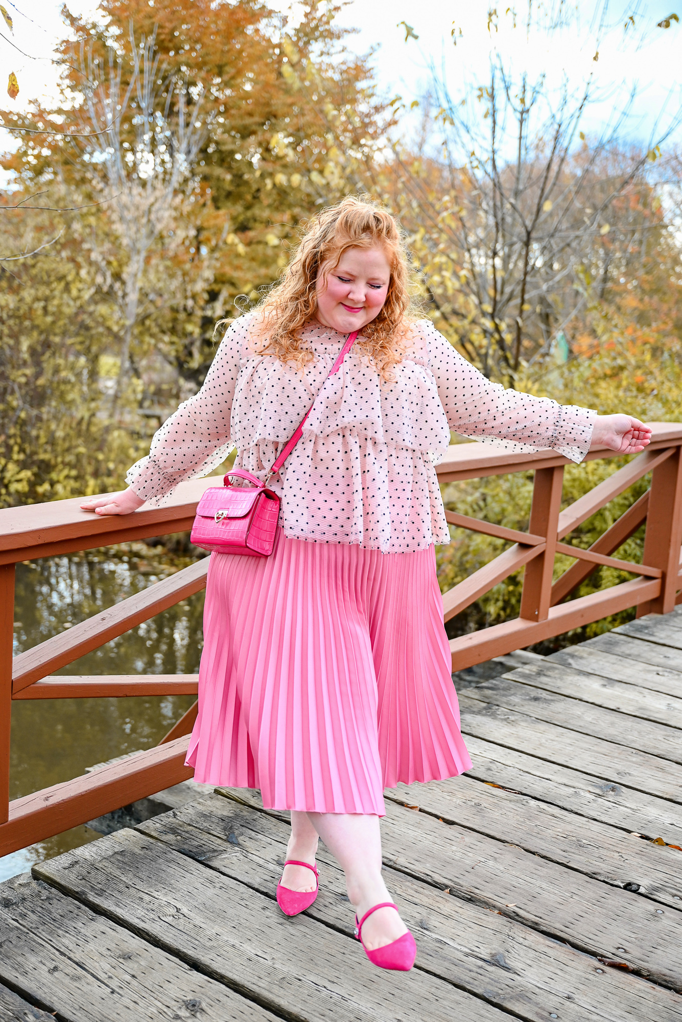 Styling My Kate Spade Lovitt Bag and Meg Mules: a plus size monochrome pink outfit featuring Kate Spade accessories. 