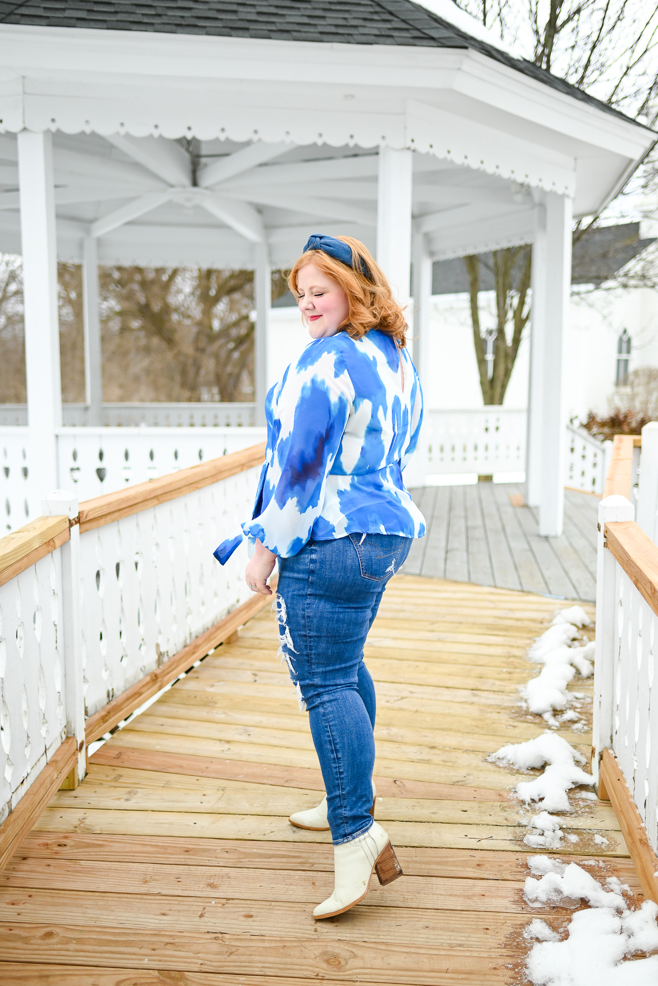 A Casual Outfit for the Spring Transition: a plus size outfit featuring a blouse from Walmart Fashion, AE curvy jeans, and Gucci Jackie bag.