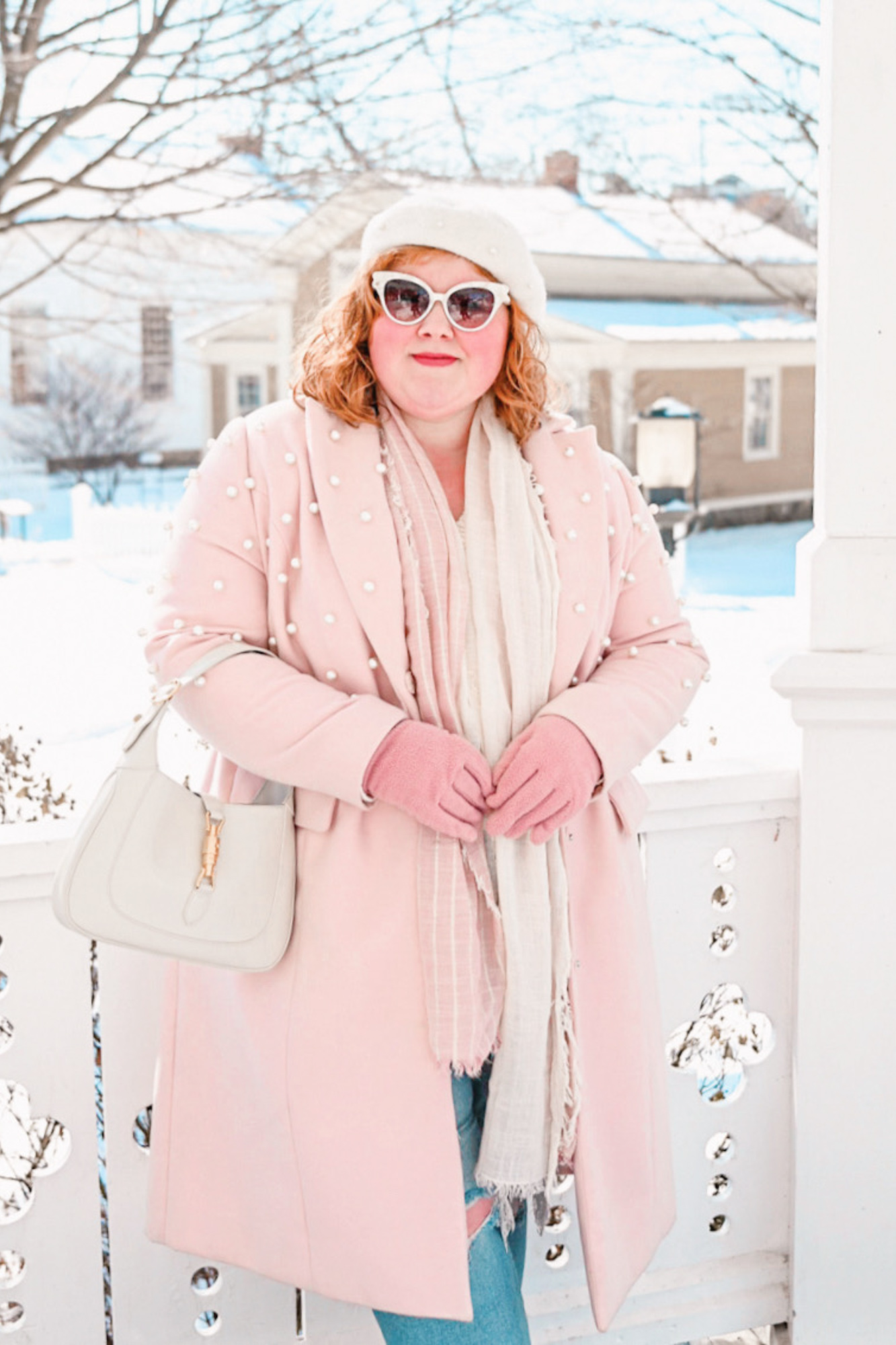 A Cute Winter Outfit for Cold Weather: a plus size outfit of the day featuring a pink duster coat, pearl beret, and Gucci Jackie 1961 bag.