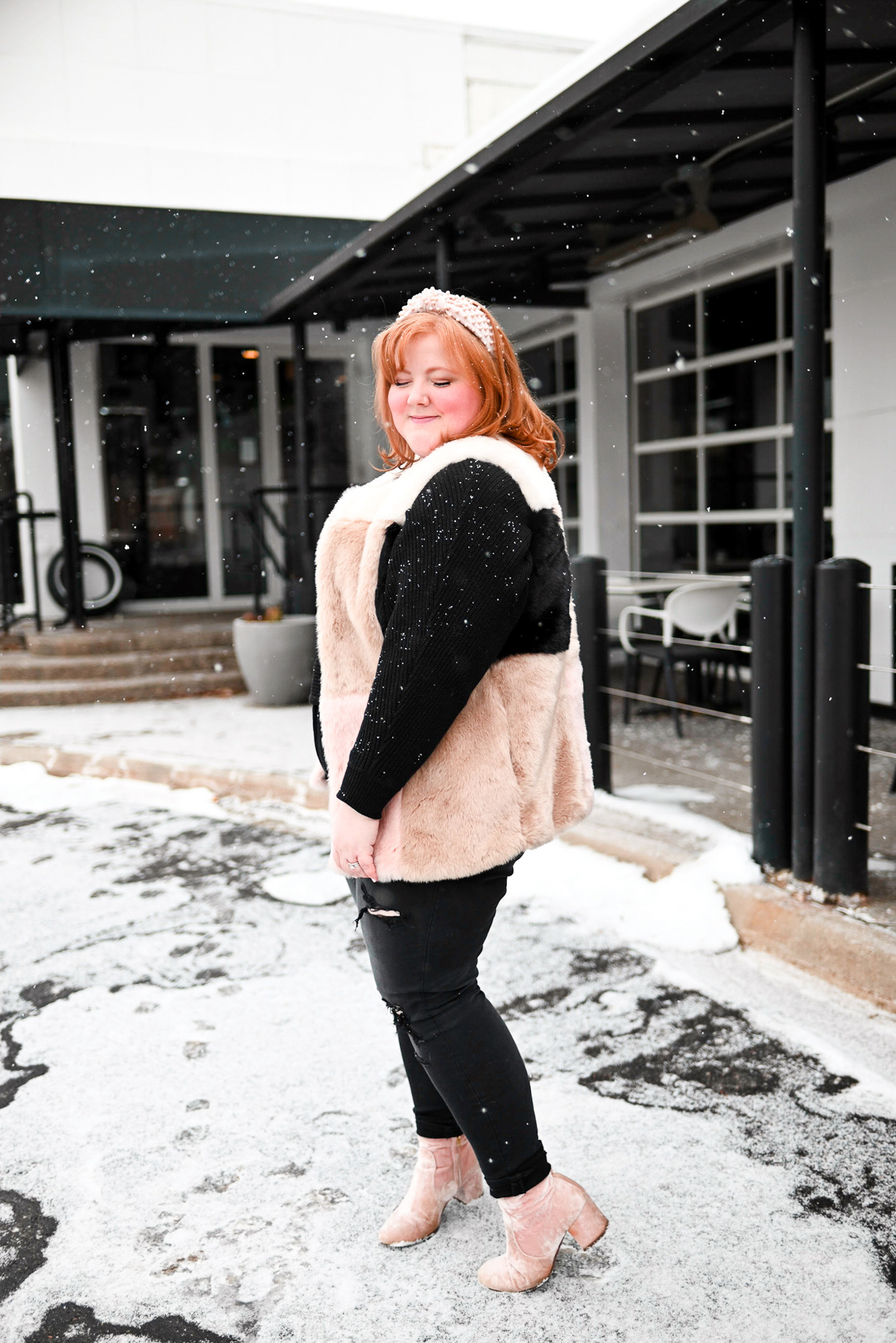 Styling a Faux Fur Vest for Winter: shop this look featuring a Lele Sadoughi headband, AE Curvy High Waisted Jeans, and Coach Soft Tabby Bag.