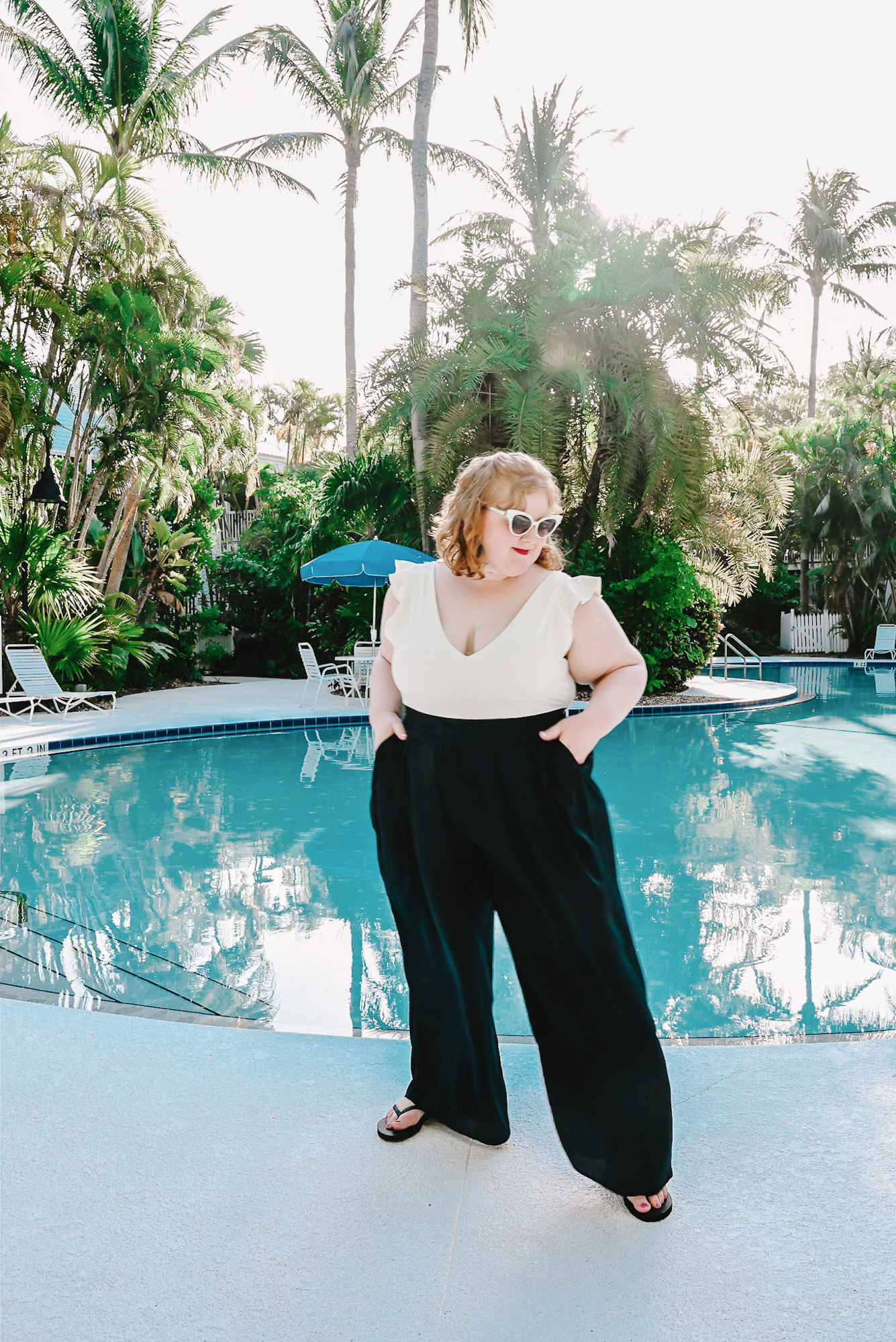 Summersalt Swimwear Review: a resort swim look in sizes 2-22W featuring Summersalt's The Ruffle Backflip suit and Palazzo Pants coverup.