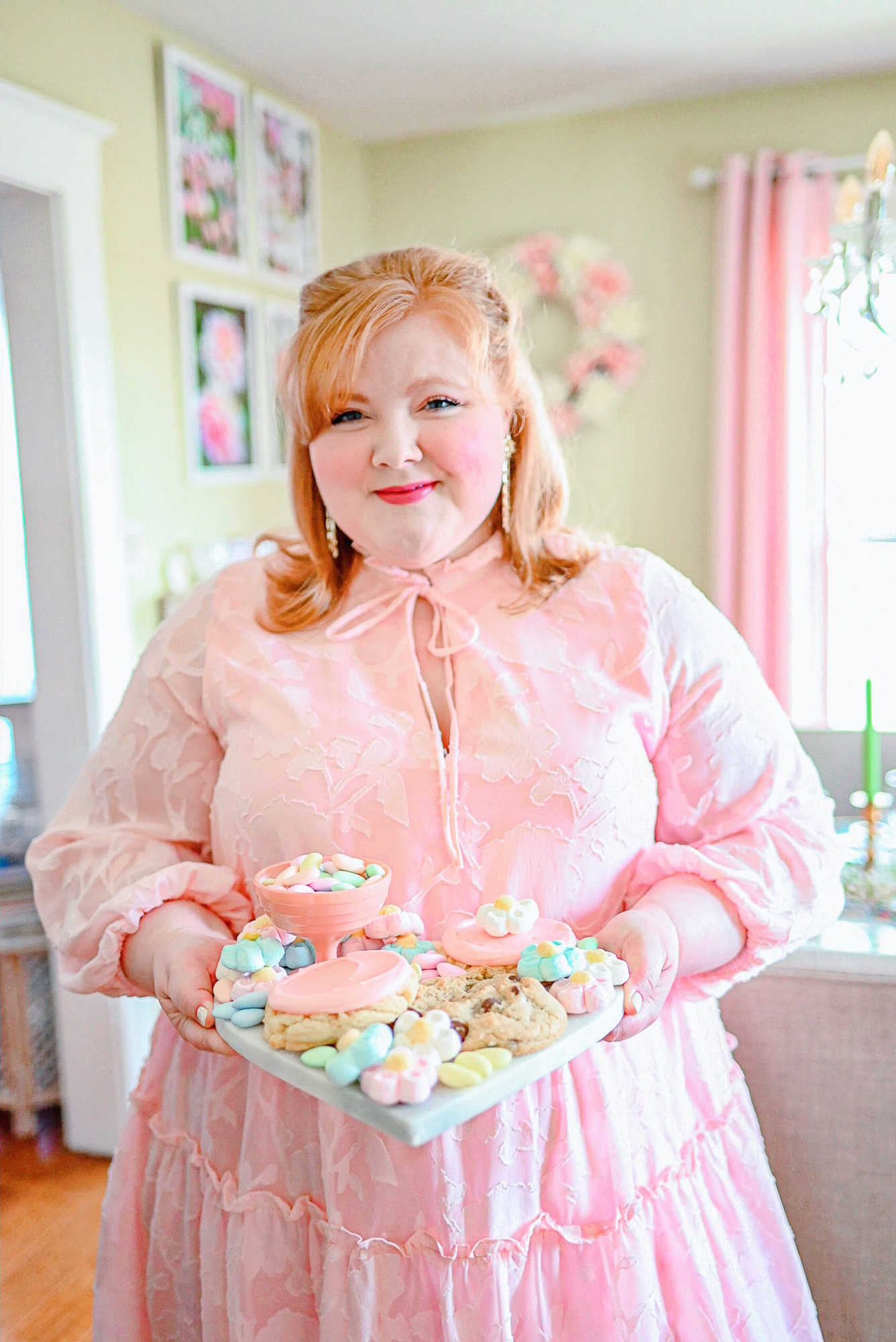 Easter Candy Charcuterie Board | A simple Easter dessert ideas featuring Crumbl Cookies, flower-shaped marshmallows, and candied almonds.