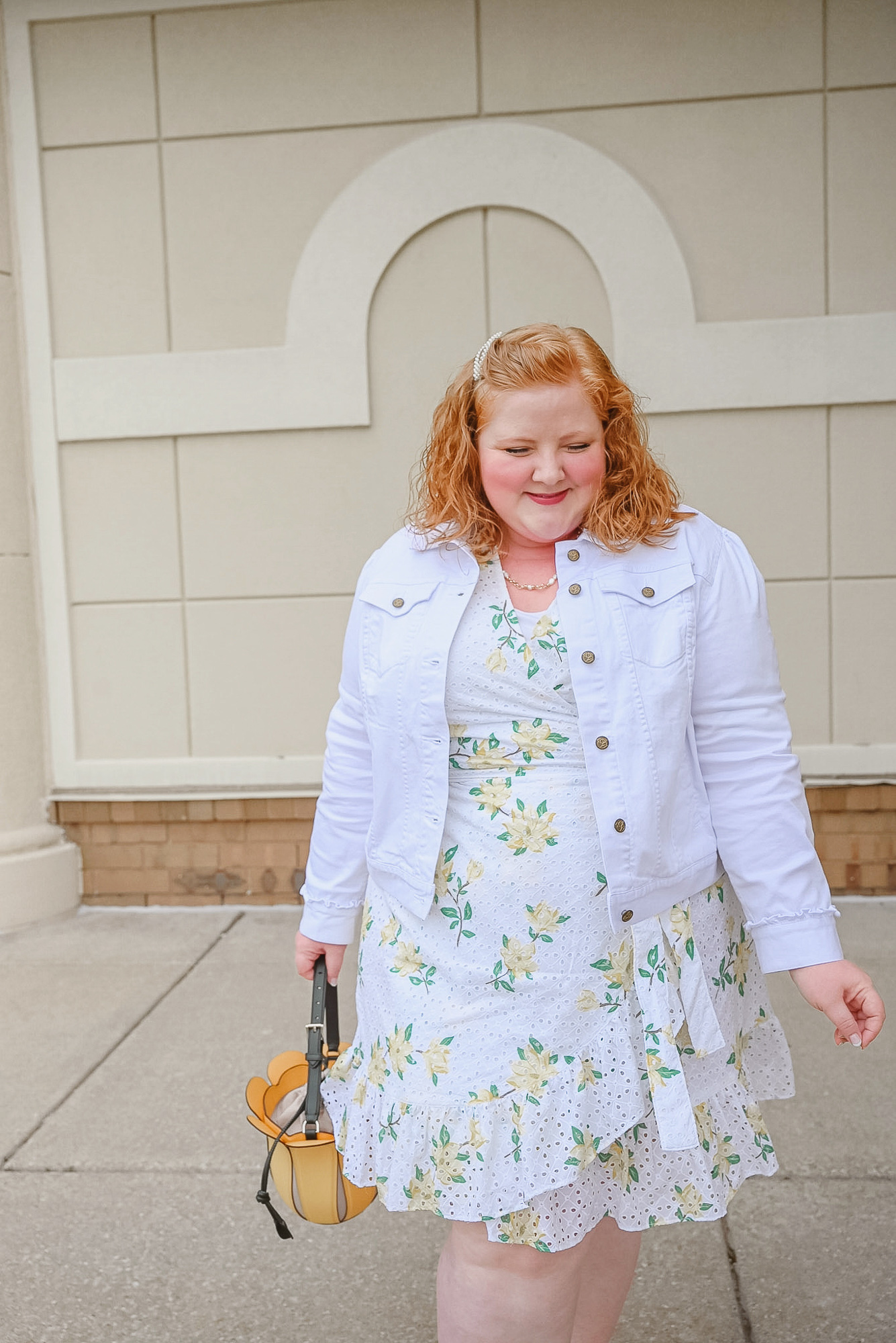 Preppy Summer Style with Draper James | Style the DJ Reba Wrap Dress in Magnolia Eyelet with pearl jewelry, a yellow bag, and flat white sandals.
