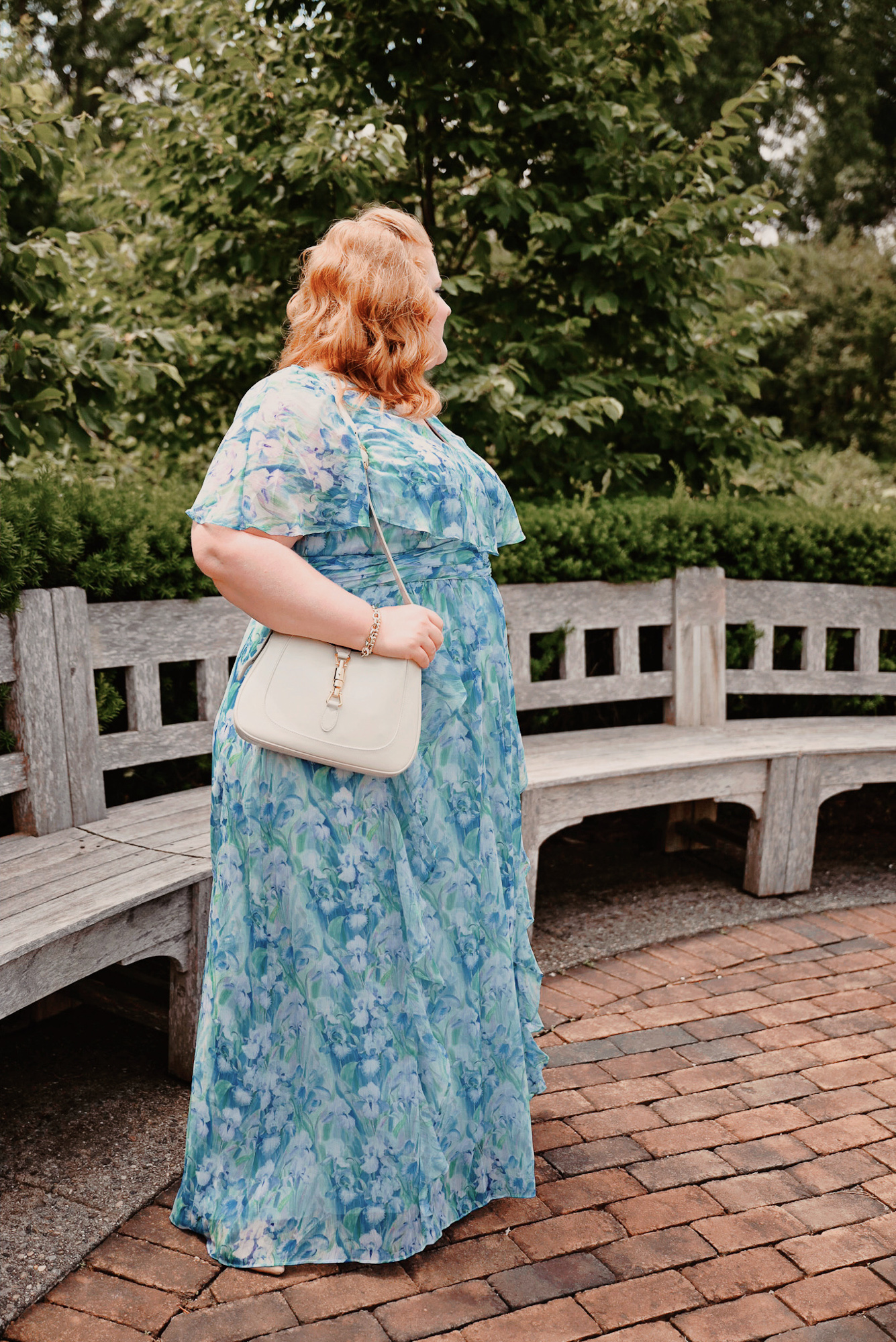 Adrianna Papell Chiffon Capelet Gown sizes 0-30W | This watercolor iris print is perfect for a garden wedding or mother of the bride dress.