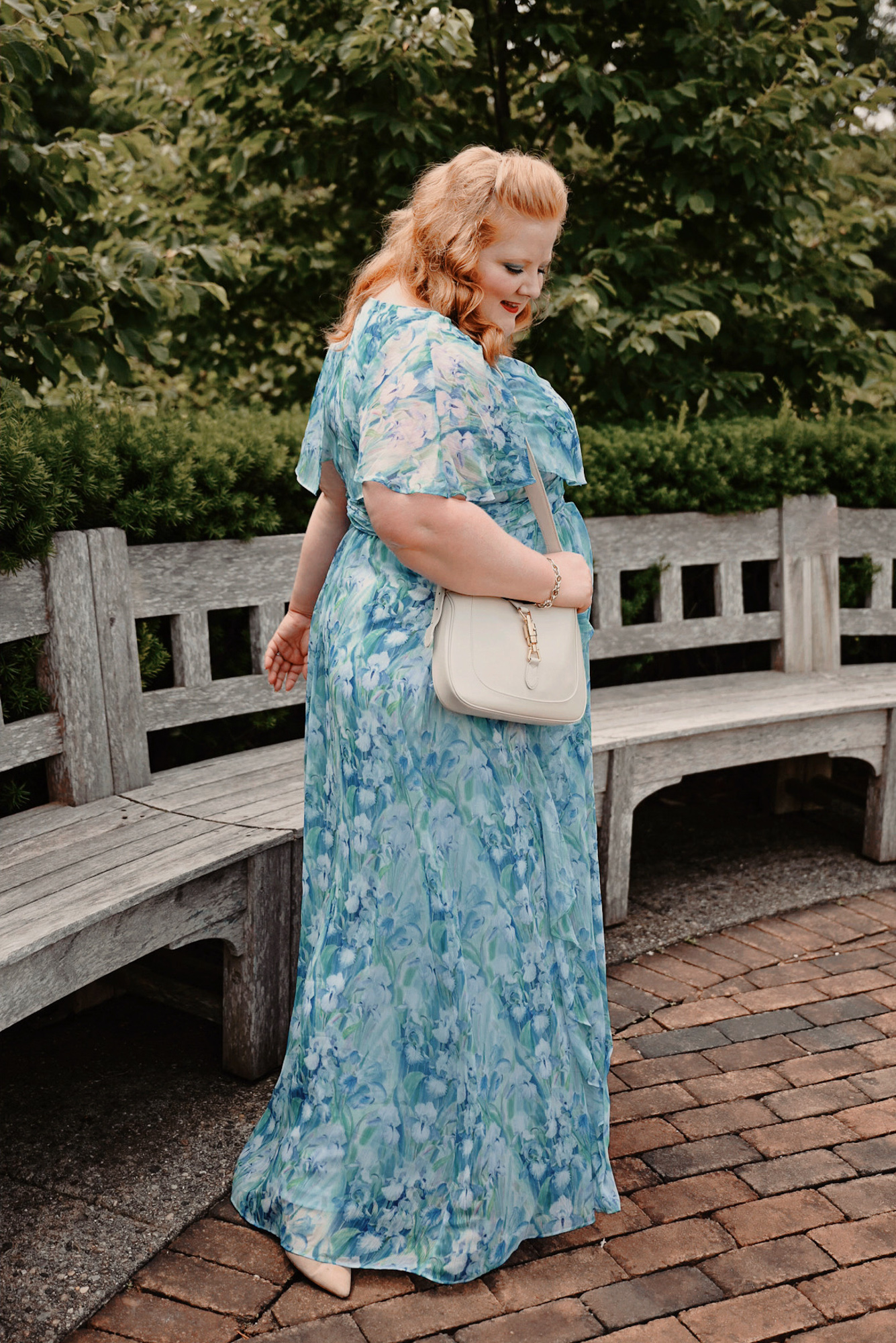Adrianna Papell Chiffon Capelet Gown sizes 0-30W | This watercolor iris print is perfect for a garden wedding or mother of the bride dress.