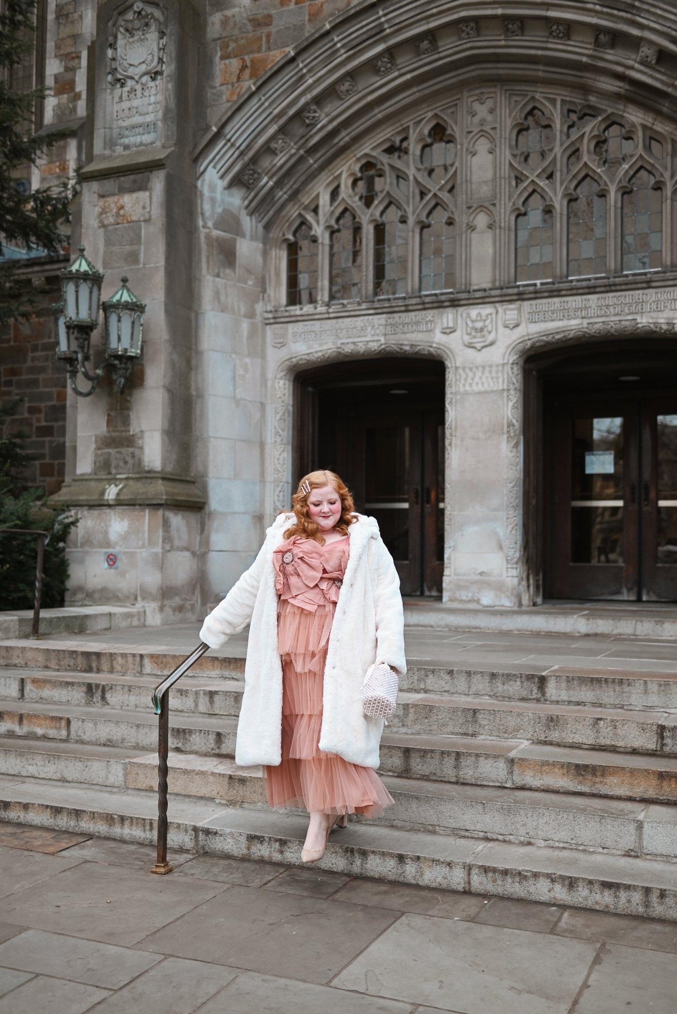 A Plus Size Outfit for the Nutcracker Ballet | Style a breathtaking gown with a dress coat and glam accessories for a magical night out. 